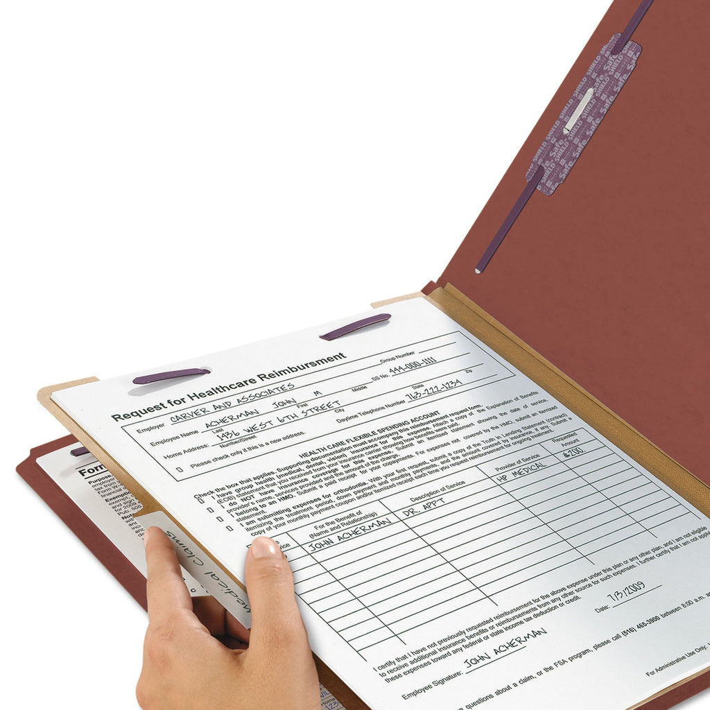Smead 100% Recycled Pressboard Classification Folders, 1 Divider, Letter Size, Red, 10/Box