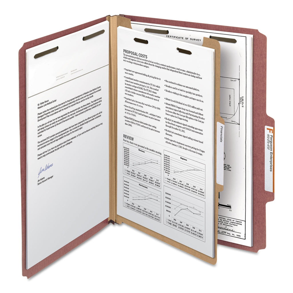 Smead 100% Recycled Pressboard Classification Folders, 1 Divider, Letter Size, Red, 10/Box