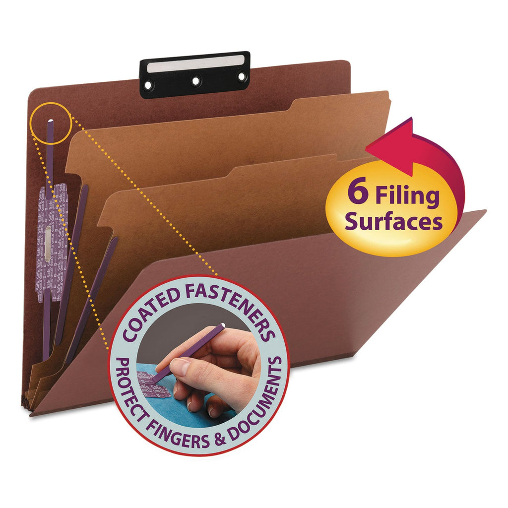 Smead Pressboard Classification Folders with SafeSHIELD Coated Fasteners, 1/3-Cut, 2 Dividers, Letter Size, Red, 10/Box