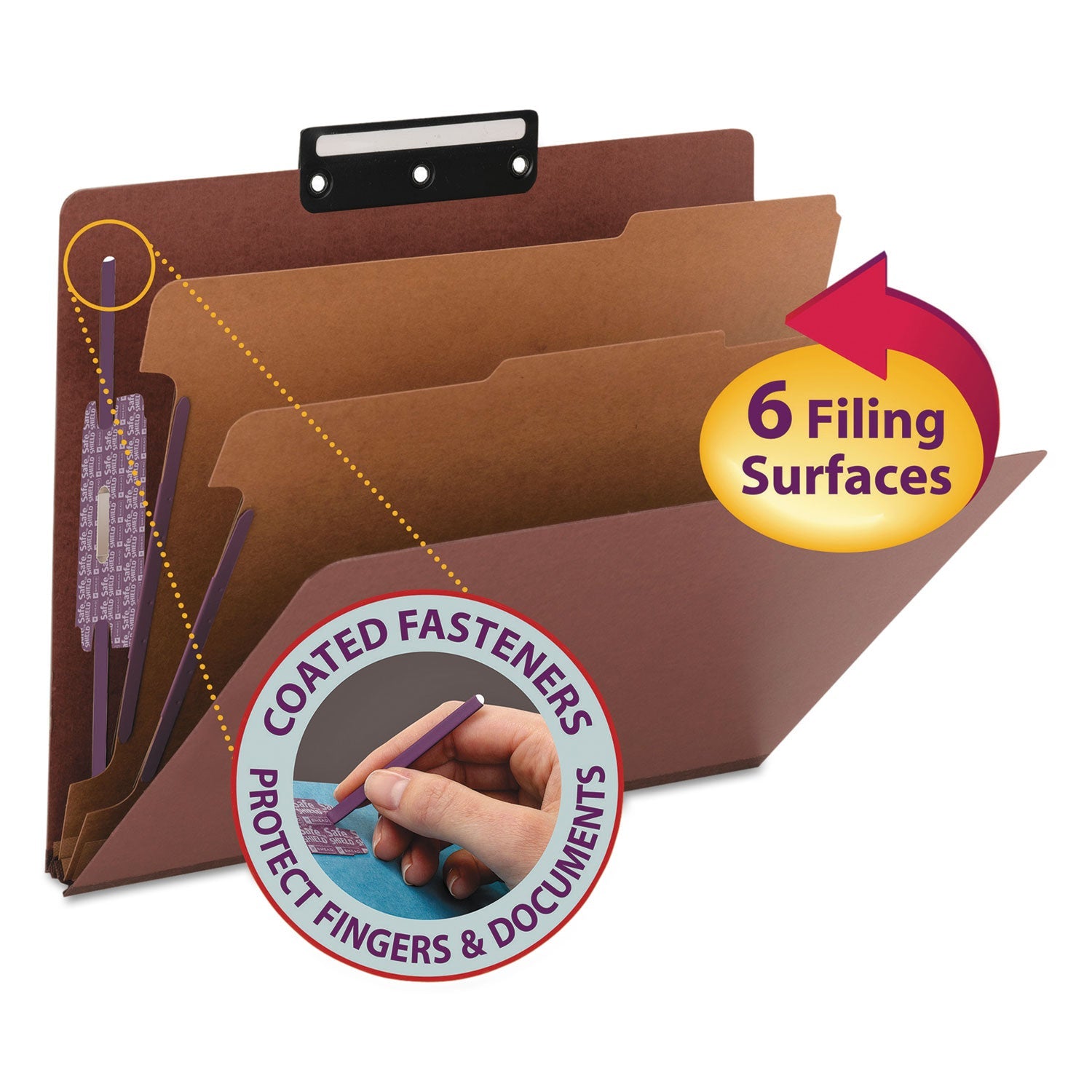 Smead Pressboard Classification Folders with SafeSHIELD Coated Fasteners, 1/3-Cut, 2 Dividers, Letter Size, Red, 10/Box