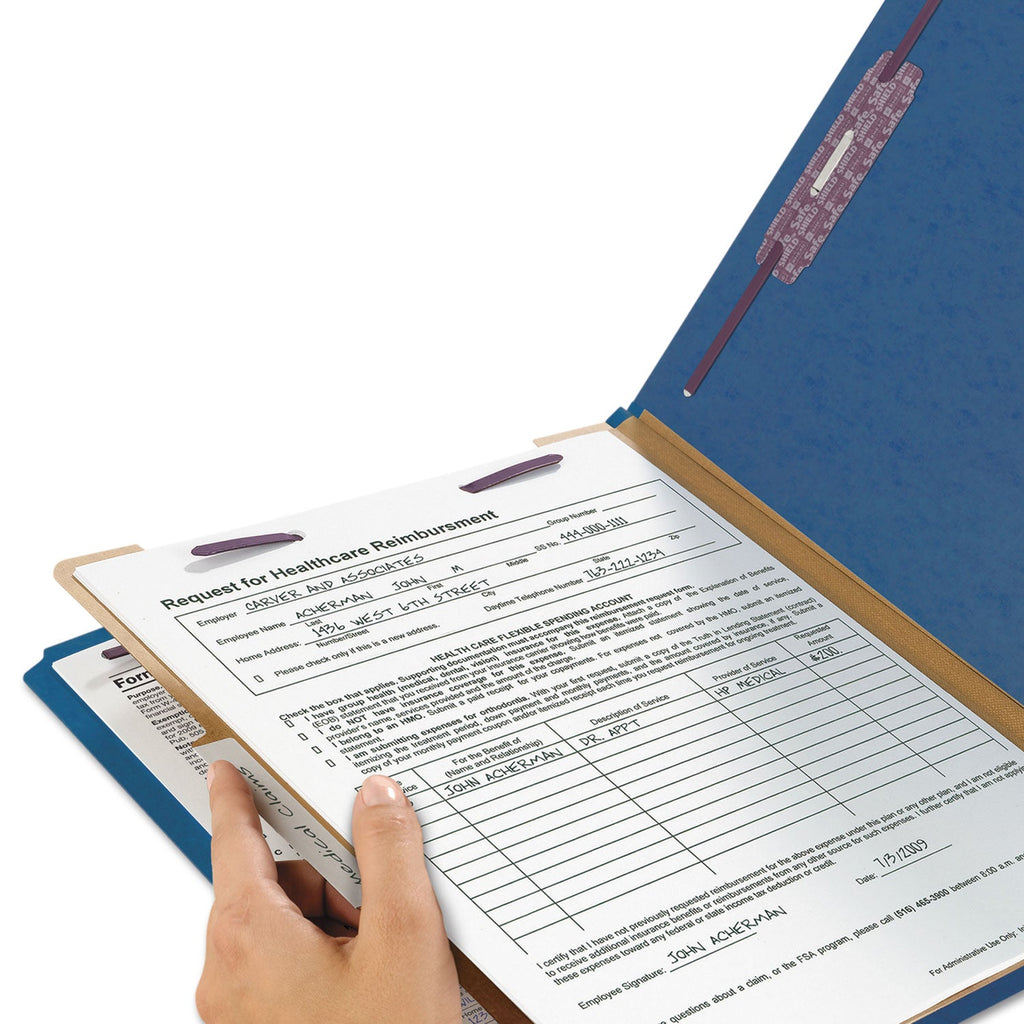 Smead Four-Section Pressboard Top Tab Classification Folders with SafeSHIELD Fasteners, 1 Divider, Legal Size, Dark Blue, 10/Box