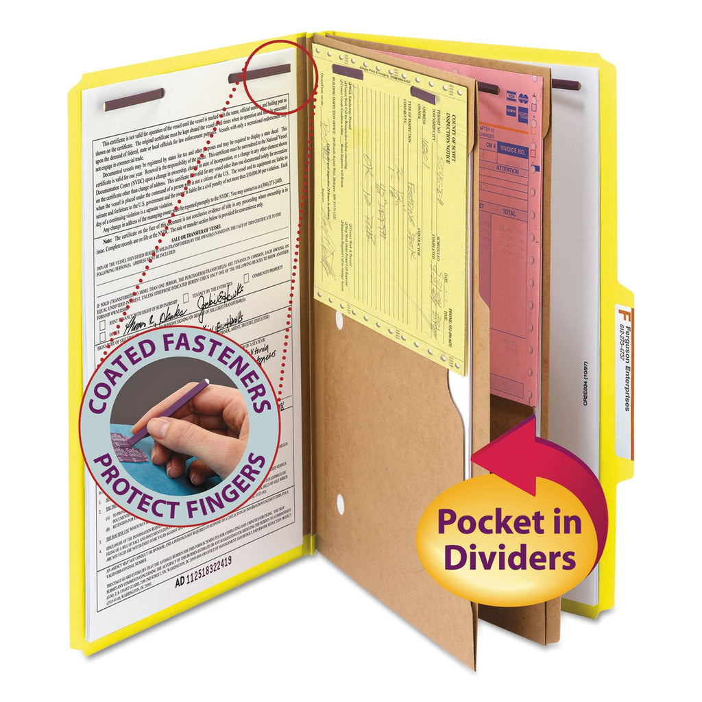 Smead 6-Section Pressboard Top Tab Pocket-Style Classification Folders with SafeSHIELD Fasteners, 2 Dividers, Legal, Yellow, 10/Box