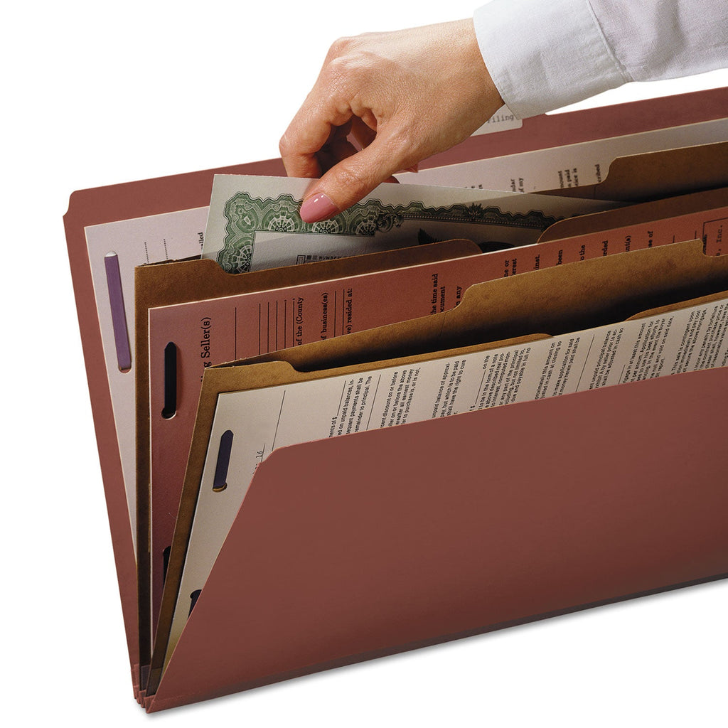 Smead 6-Section Pressboard Top Tab Pocket-Style Classification Folders with SafeSHIELD Fasteners, 2 Dividers, Legal, Red, 10/Box