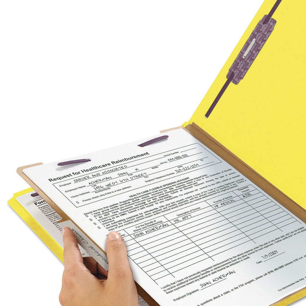 Smead Four-Section Pressboard Top Tab Classification Folders with SafeSHIELD Fasteners, 1 Divider, Letter Size, Yellow, 10/Box
