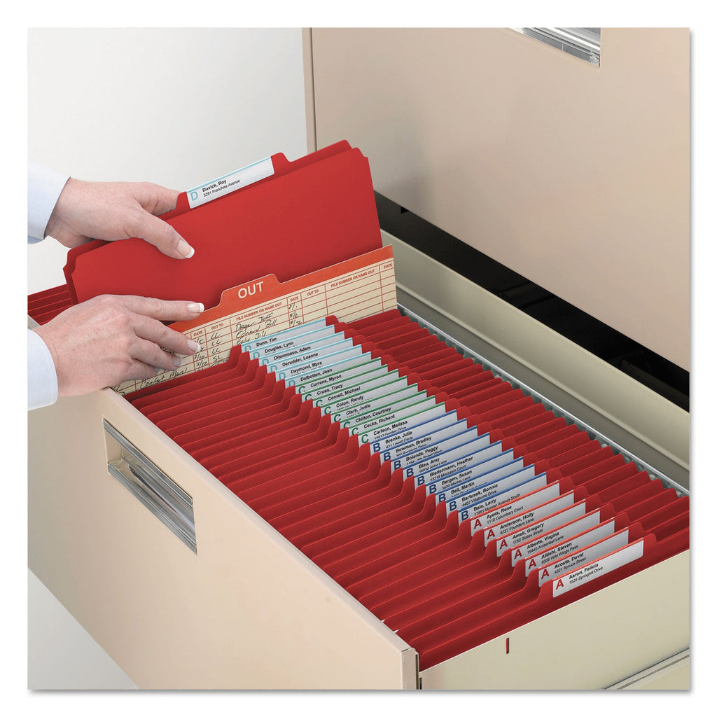 Smead Four-Section Pressboard Top Tab Classification Folders with SafeSHIELD Fasteners, 1 Divider, Letter Size, Bright Red, 10/Box