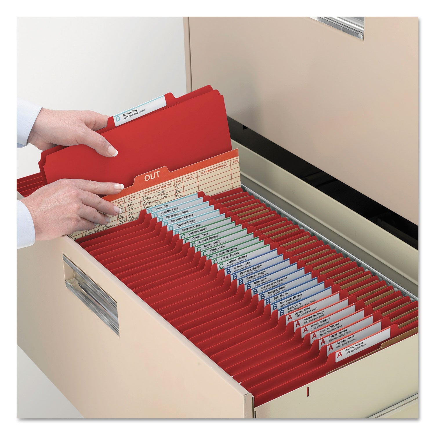 Smead Eight-Section Pressboard Top Tab Classification Folders with SafeSHIELD Fasteners, 3 Dividers, Letter Size, Bright Red, 10/BX