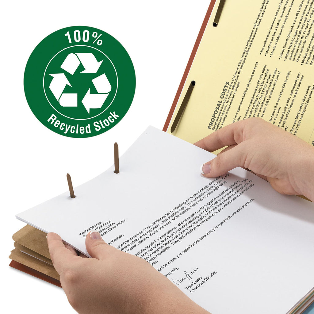 Smead 100% Recycled Pressboard Classification Folders, 3 Dividers, Legal Size, Red, 10/Box