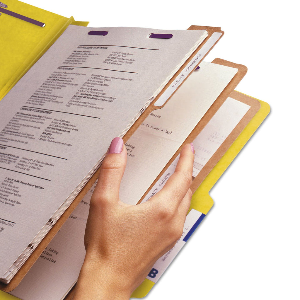 Smead Eight-Section Pressboard Top Tab Classification Folders with SafeSHIELD Fasteners, 3 Dividers, Legal Size, Yellow, 10/Box