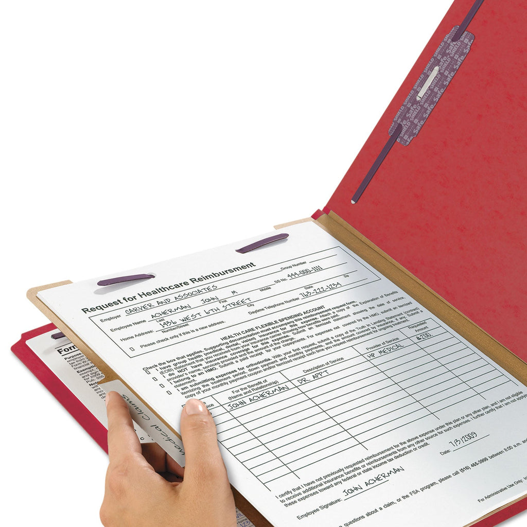 Smead Four-Section Pressboard Top Tab Classification Folders with SafeSHIELD Fasteners, 1 Divider, Letter Size, Bright Red, 10/Box