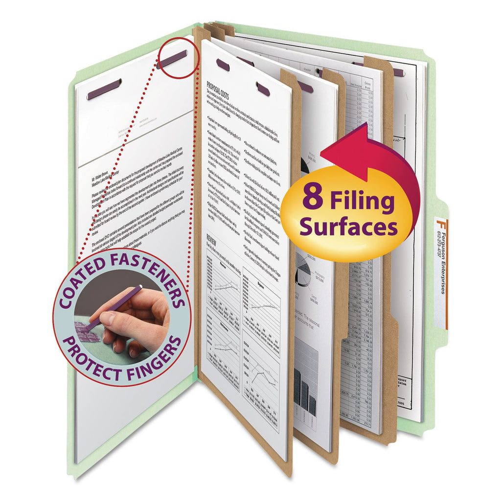 Smead Pressboard Classification Folders with SafeSHIELD Coated Fasteners, 2/5 Cut, 3 Dividers, Legal Size, Gray-Green, 10/Box