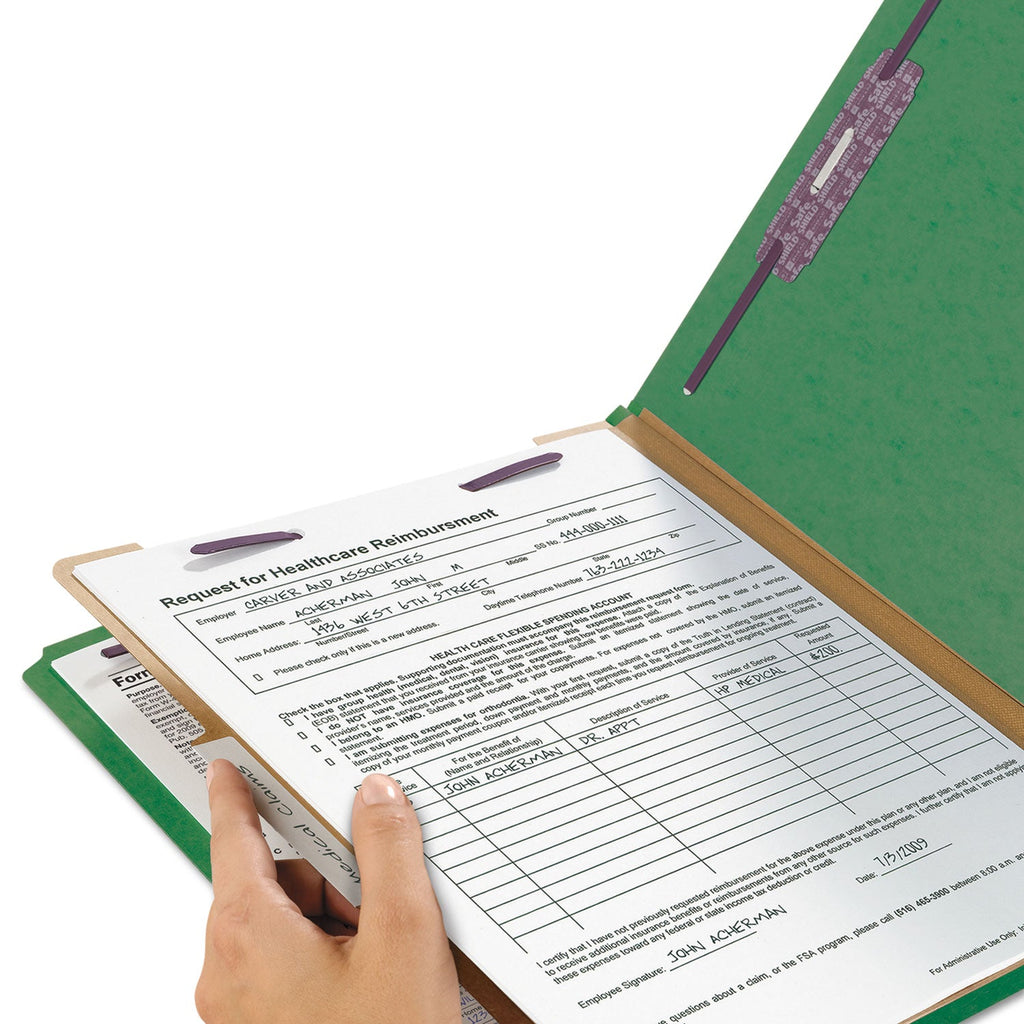 Smead Four-Section Pressboard Top Tab Classification Folders with SafeSHIELD Fasteners, 1 Divider, Letter Size, Green, 10/Box