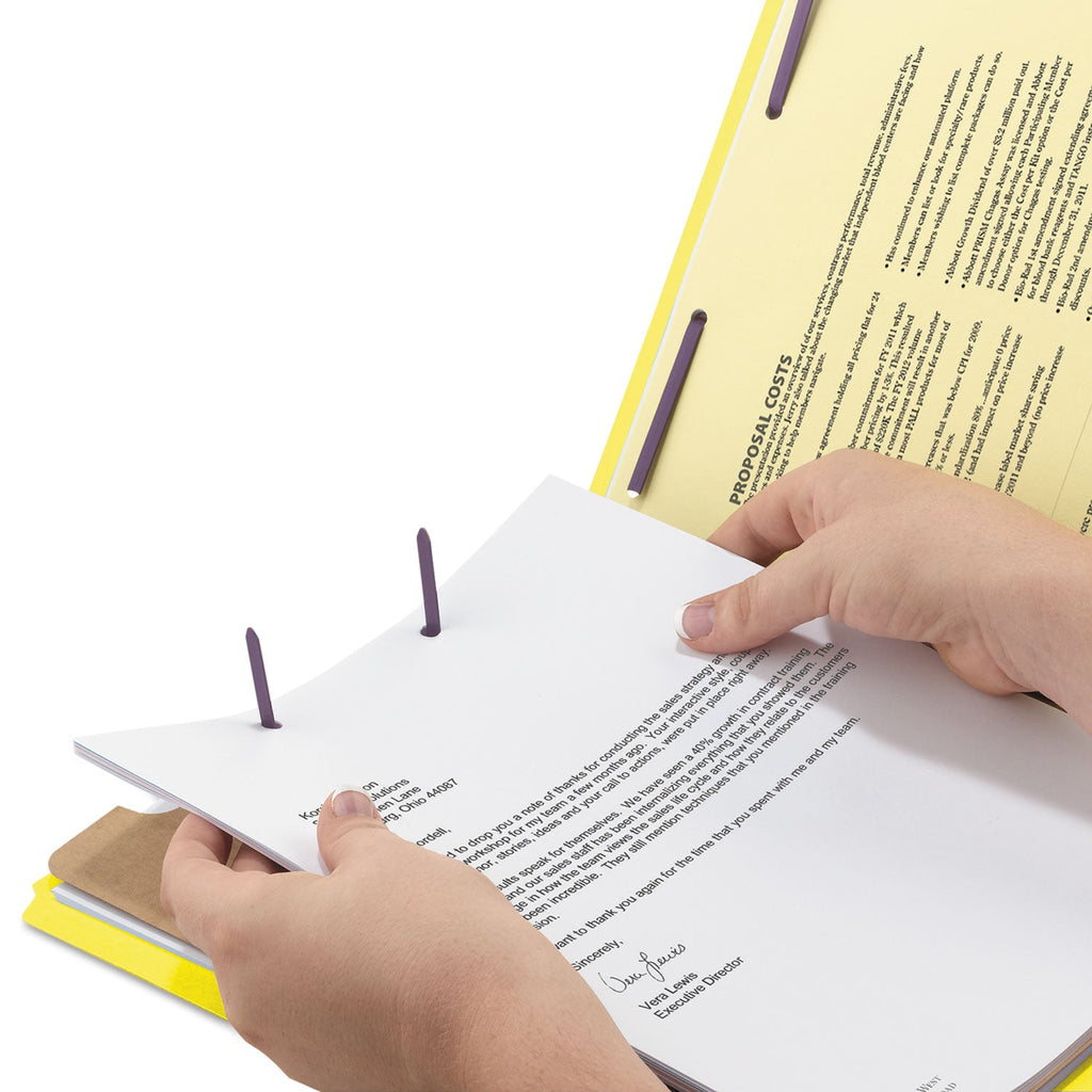 Smead Four-Section Pressboard Top Tab Classification Folders with SafeSHIELD Fasteners, 1 Divider, Letter Size, Yellow, 10/Box