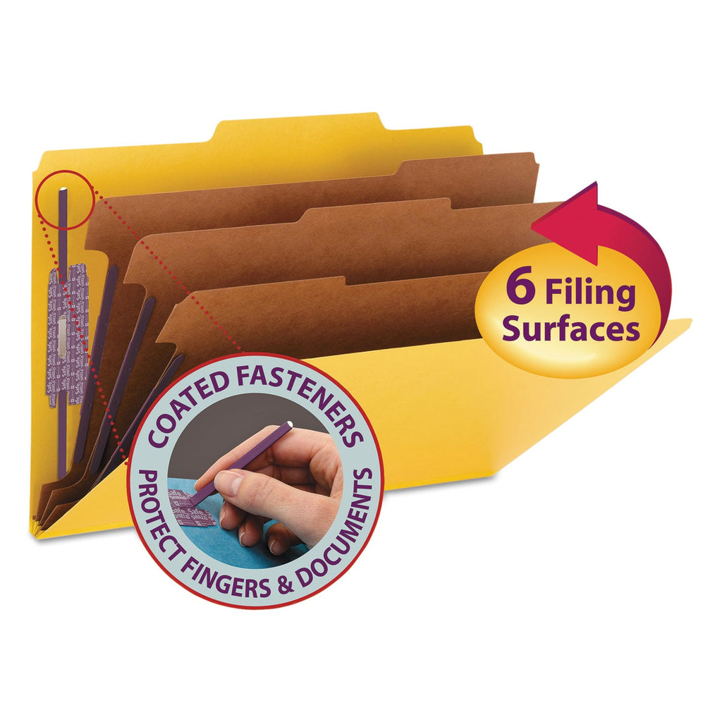 Smead Eight-Section Pressboard Top Tab Classification Folders with SafeSHIELD Fasteners, 3 Dividers, Legal Size, Yellow, 10/Box