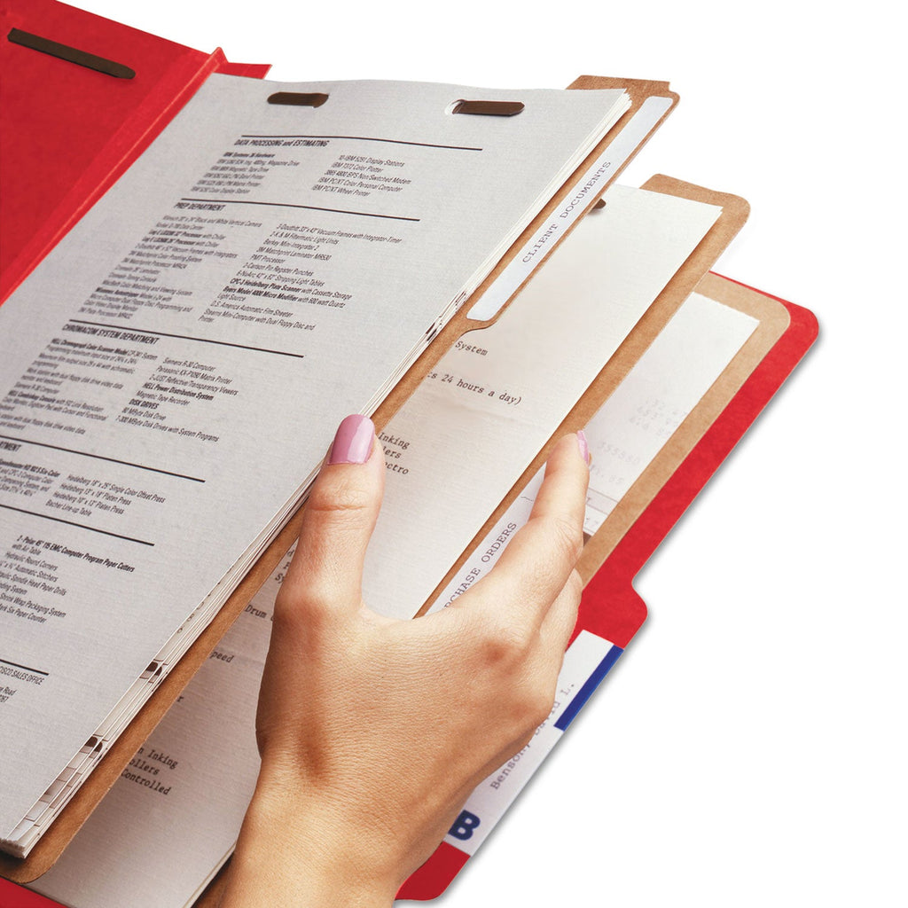 Smead Eight-Section Pressboard Top Tab Classification Folders with SafeSHIELD Fasteners, 3 Dividers, Letter Size, Bright Red, 10/BX