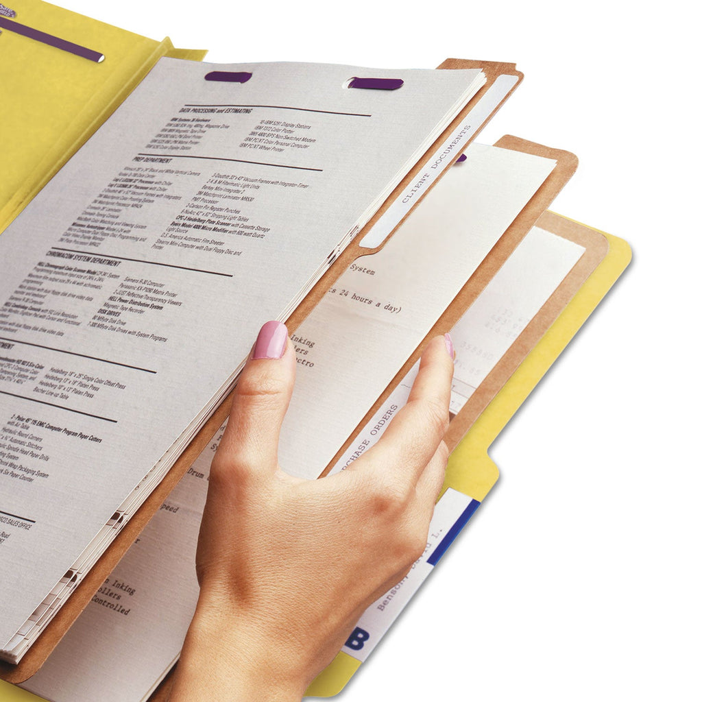 Smead Eight-Section Pressboard Top Tab Classification Folders with SafeSHIELD Fasteners, 3 Dividers, Letter Size, Yellow, 10/Box