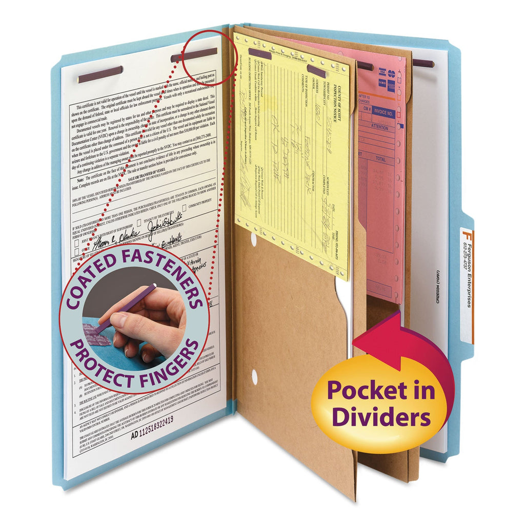 Smead 6-Section Pressboard Top Tab Pocket-Style Classification Folders with SafeSHIELD Fasteners, 2 Dividers, Legal, Blue, 10/BX