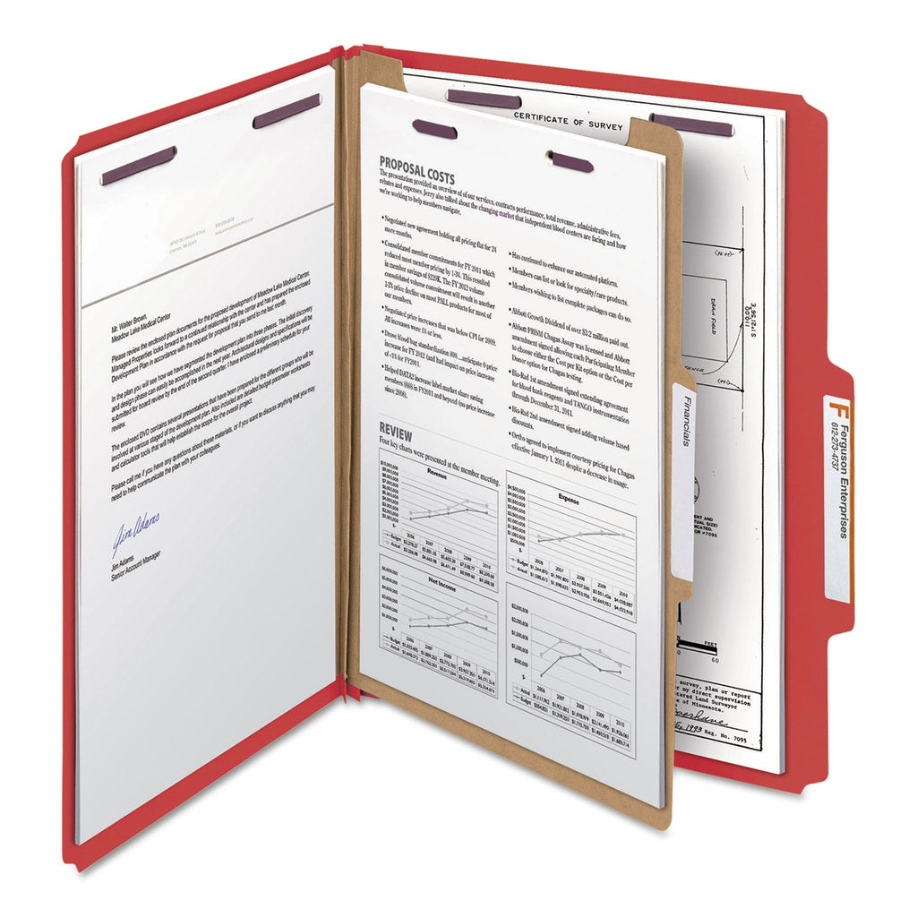 Smead Four-Section Pressboard Top Tab Classification Folders with SafeSHIELD Fasteners, 1 Divider, Letter Size, Bright Red, 10/Box