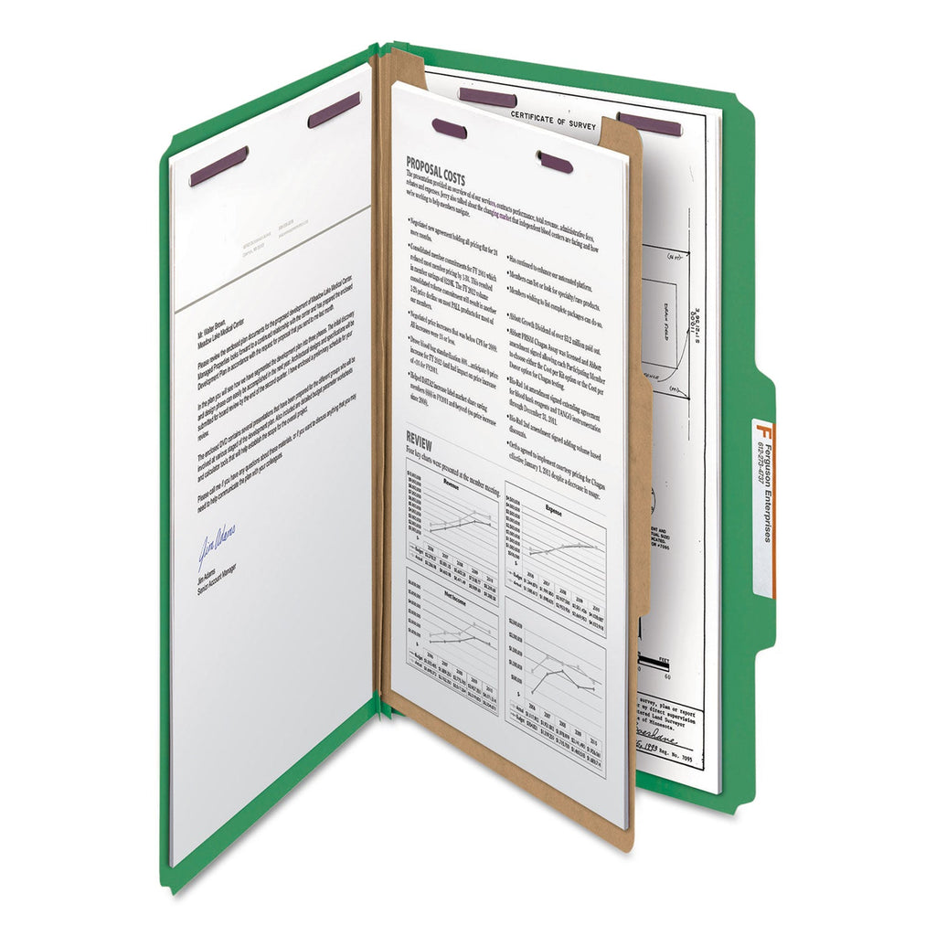 Smead Four-Section Pressboard Top Tab Classification Folders with SafeSHIELD Fasteners, 1 Divider, Legal Size, Green, 10/Box