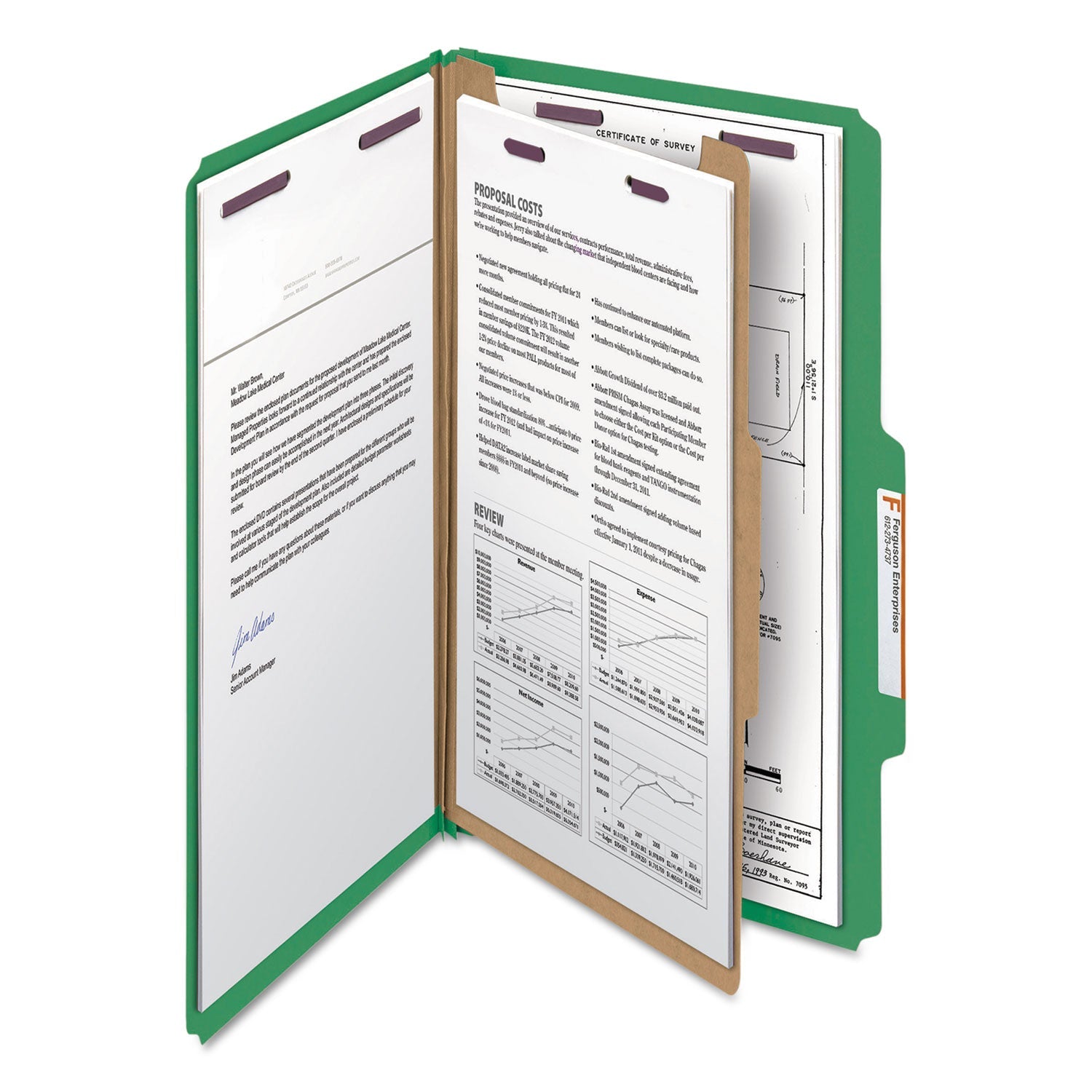 Smead Four-Section Pressboard Top Tab Classification Folders with SafeSHIELD Fasteners, 1 Divider, Legal Size, Green, 10/Box
