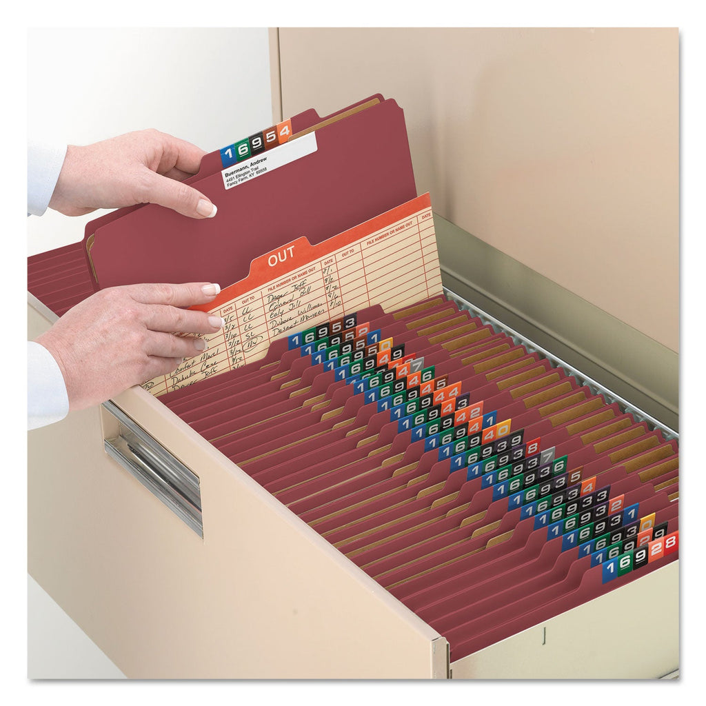 Smead Pressboard Classification Folders with SafeSHIELD Coated Fasteners, 2/5 Cut, 3 Dividers, Legal Size, Red, 10/Box