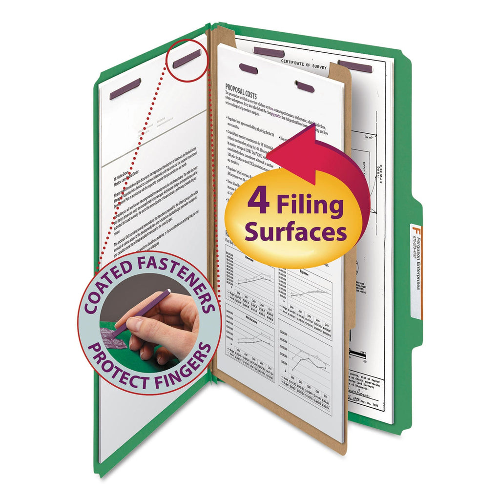 Smead Four-Section Pressboard Top Tab Classification Folders with SafeSHIELD Fasteners, 1 Divider, Legal Size, Green, 10/Box