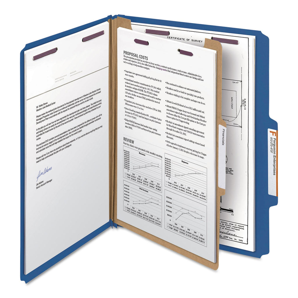 Smead Four-Section Pressboard Top Tab Classification Folders with SafeSHIELD Fasteners, 1 Divider, Letter Size, Dark Blue, 10/Box