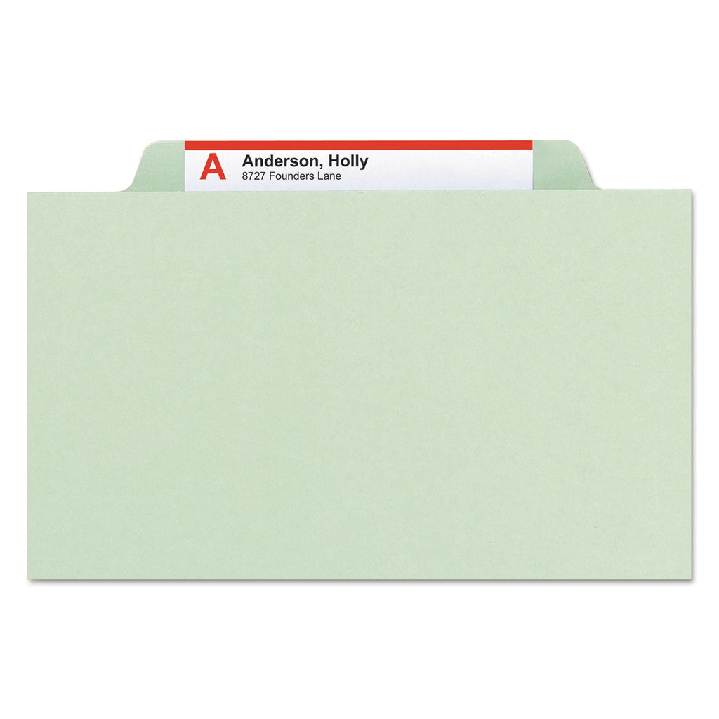 Smead Pressboard Classification Folders with SafeSHIELD Coated Fasteners, 2/5 Cut, 2 Dividers, Letter Size, Gray-Green, 10/Box