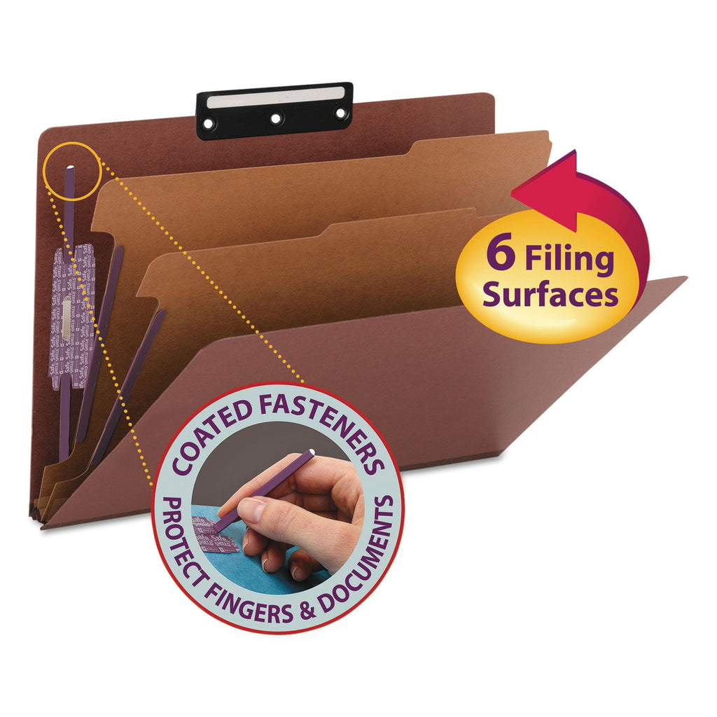 Smead Pressboard Classification Folders with SafeSHIELD Coated Fasteners, 1/3-Cut Metal Tab, 2 Dividers, Legal Size, Red, 10/Box