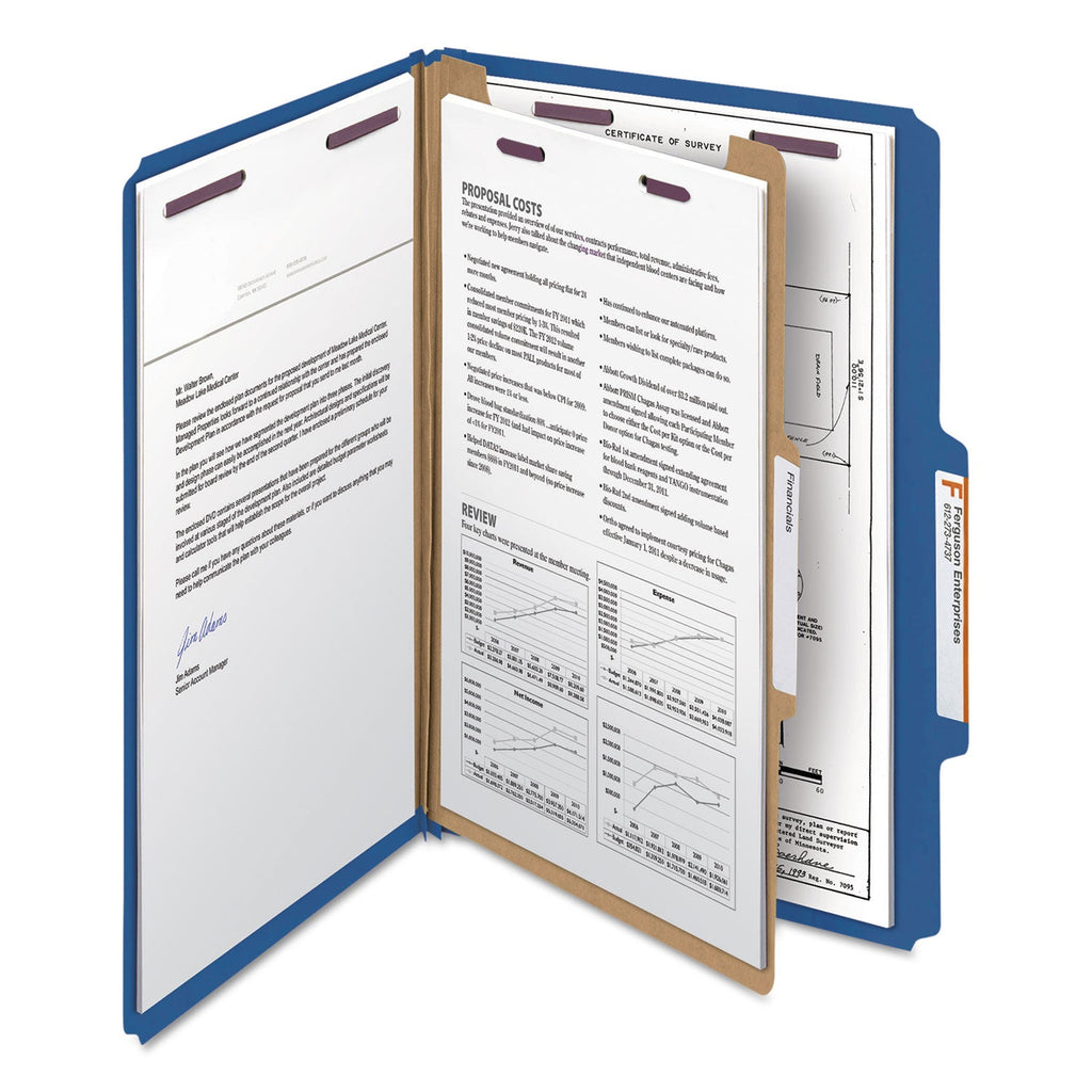 Smead Four-Section Pressboard Top Tab Classification Folders with SafeSHIELD Fasteners, 1 Divider, Legal Size, Dark Blue, 10/Box