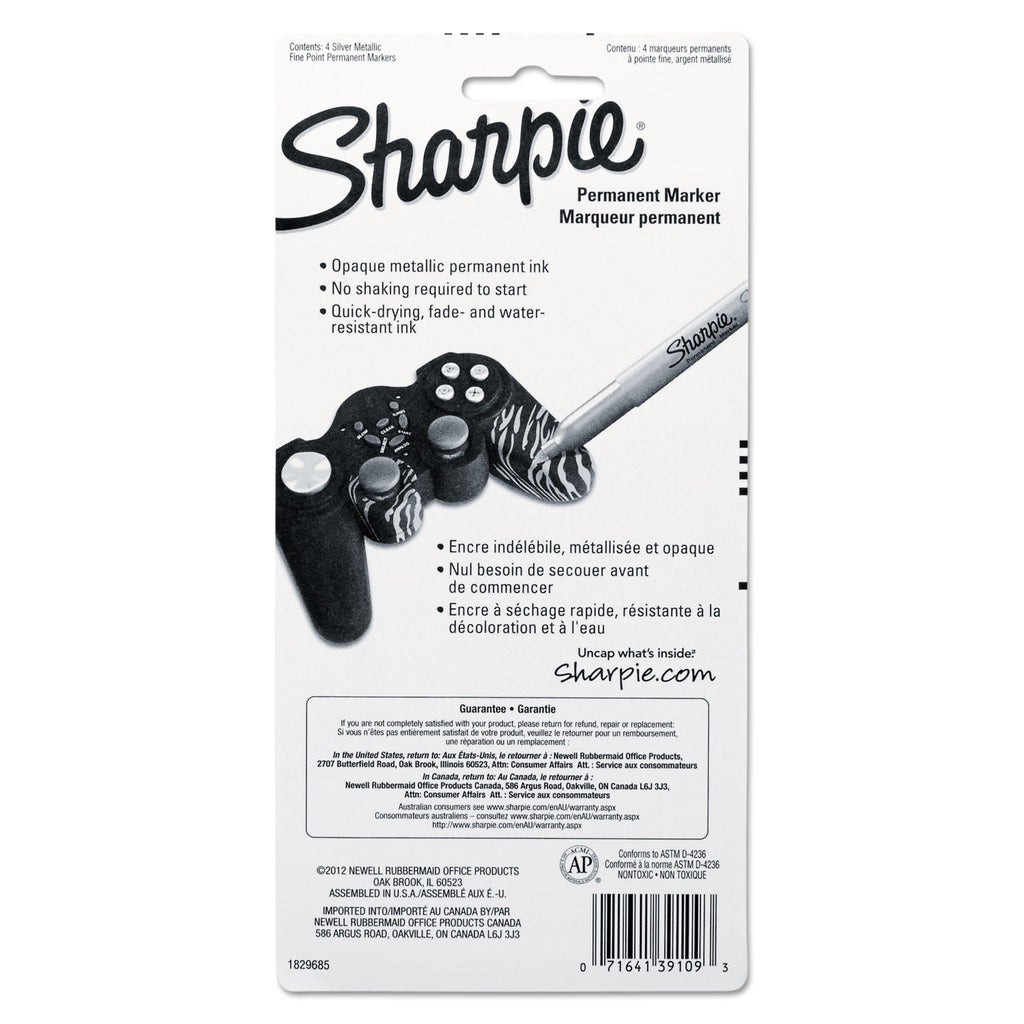Sharpie Metallic Fine Point Permanent Markers, Fine Bullet Tip, Metallic Silver, 4/Pack