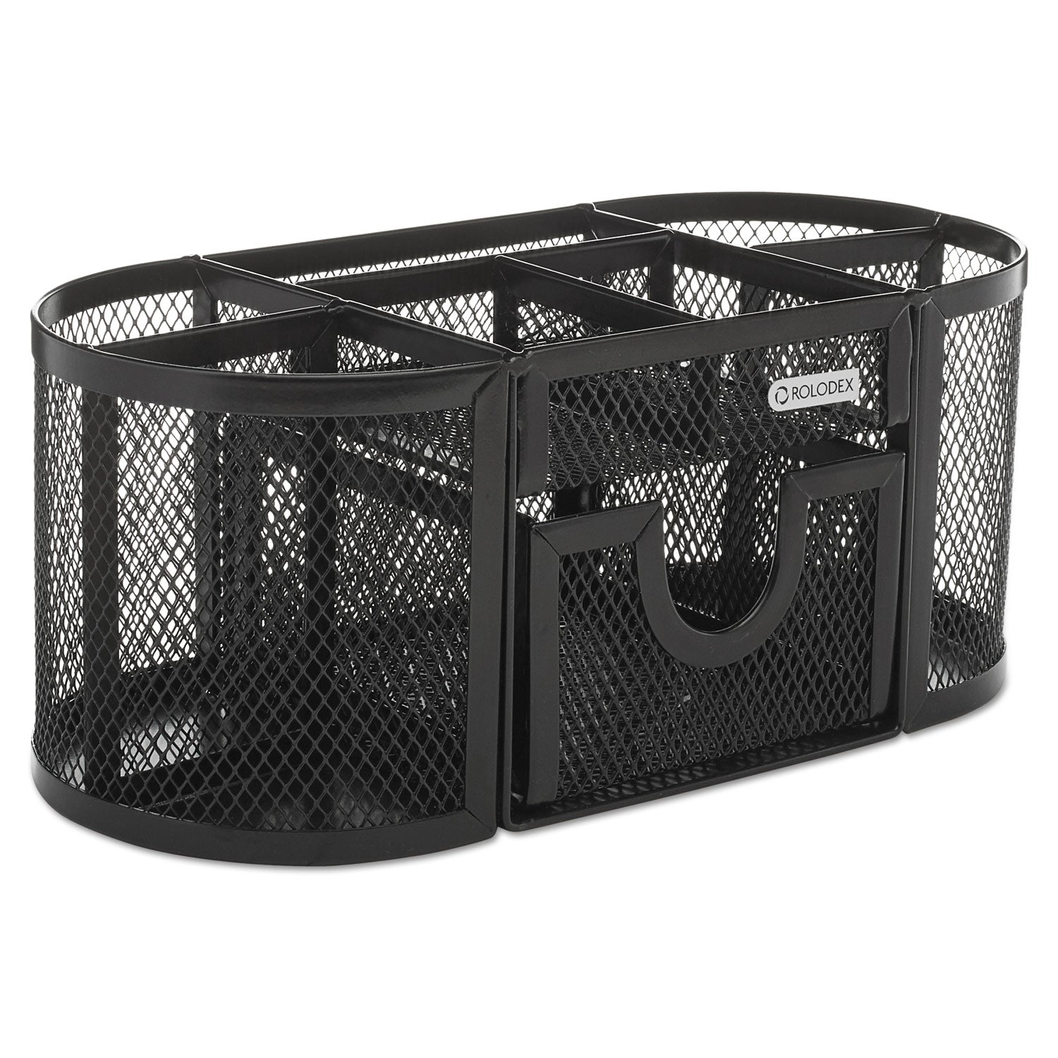 Rolodex Mesh Oval Pencil Cup Organizer, 4 Compartments, Steel, 9.38 x 4.5 x 4, Black