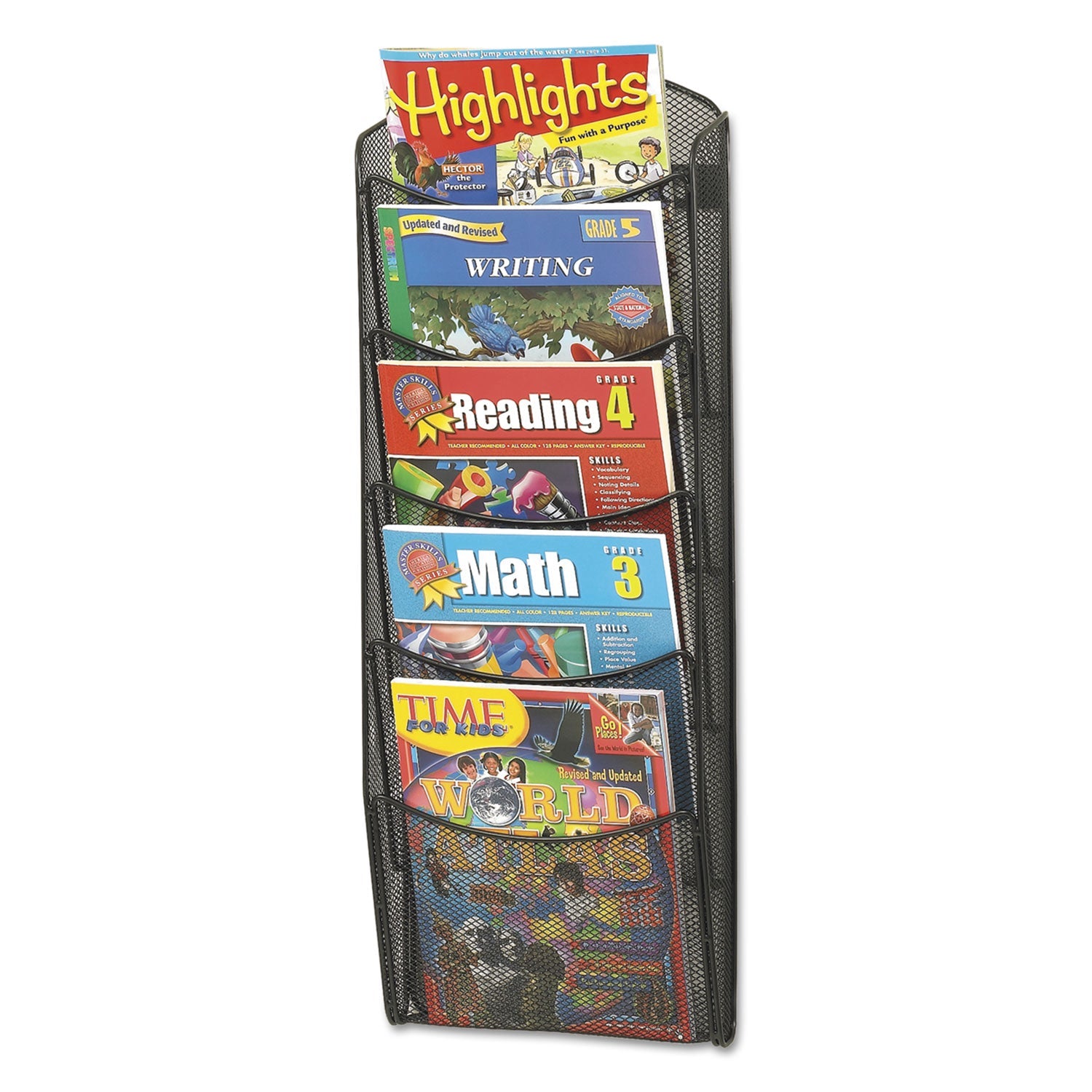 Safco Onyx Mesh Literature Rack, Five Compartments, 10.25w x 3.5d x 28.33h, Black