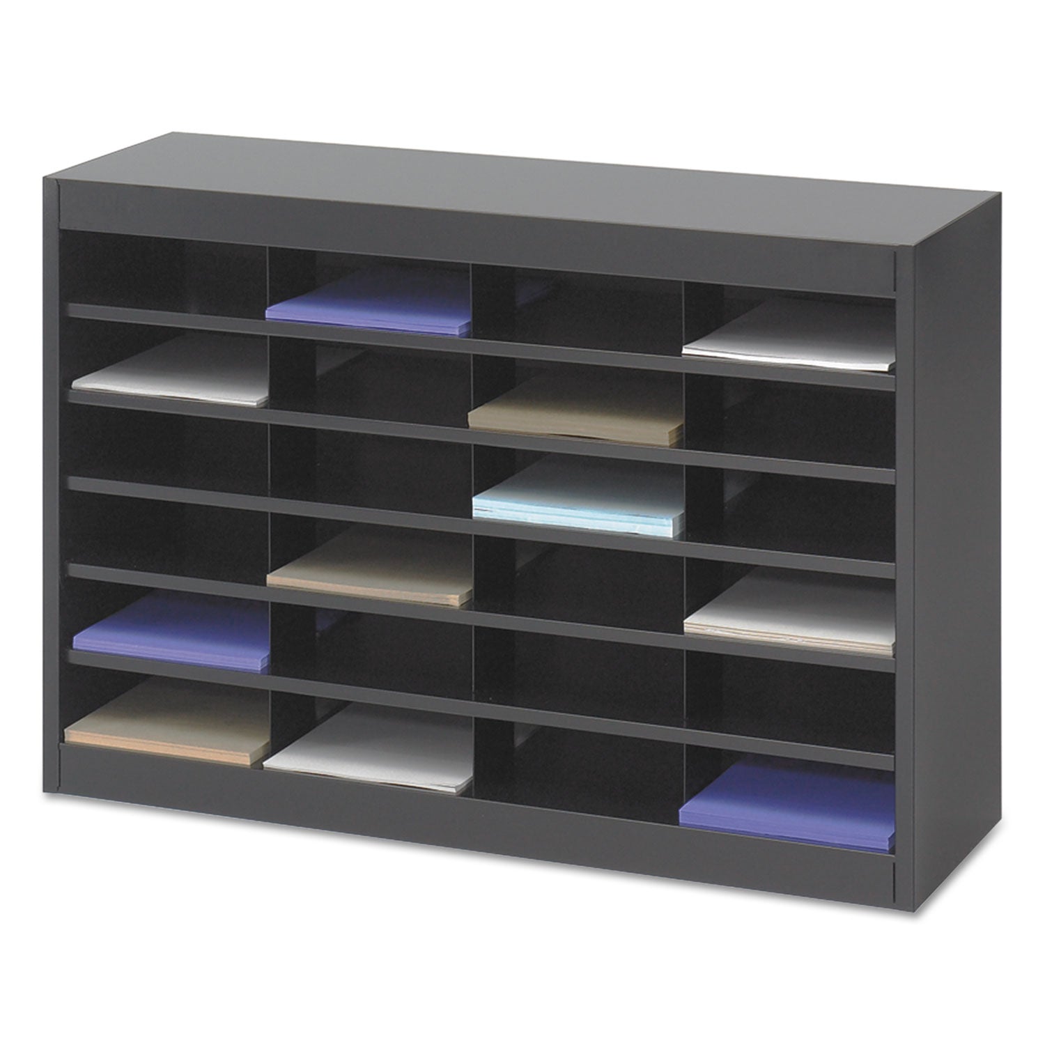 Safco Steel/Fiberboard E-Z Stor Sorter, 24 Compartments, 37.5 x 12.75 x 25.75, Black
