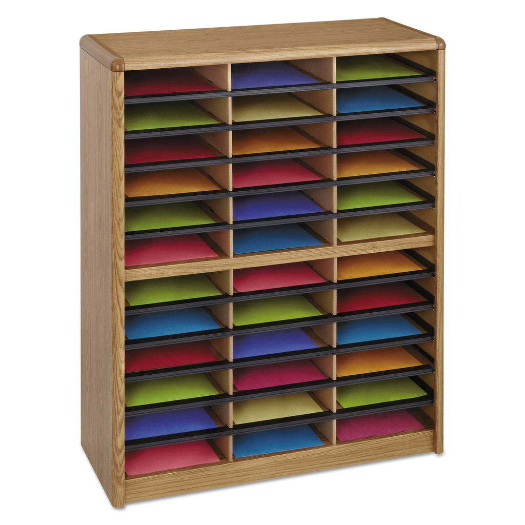 Safco Steel/Fiberboard Literature Sorter, 36 Compartments, 32.25 x 13.5 x 38, Oak