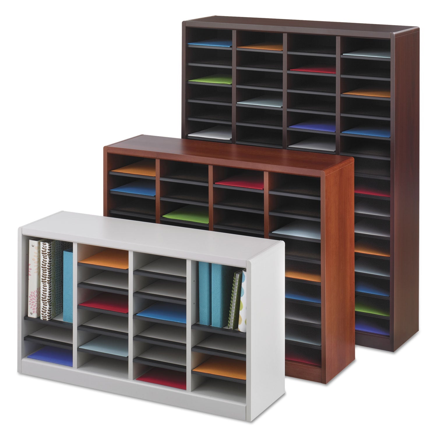 Safco Wood/Fiberboard E-Z Stor Sorter, 60 Compartments, 40 x 11.75 x 52.25, Mahogany, 2 Boxes