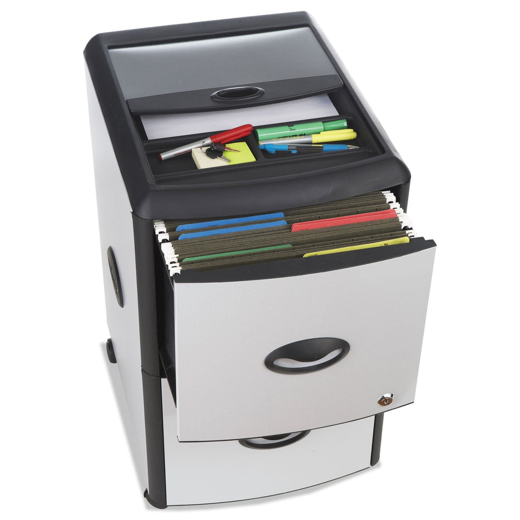 Storex Mobile Filing Cabinet with Metal Siding and Top-Drawer Organizer Tray, 2 Letter File Drawers, Silver/Black, 19" x 15" x 23"
