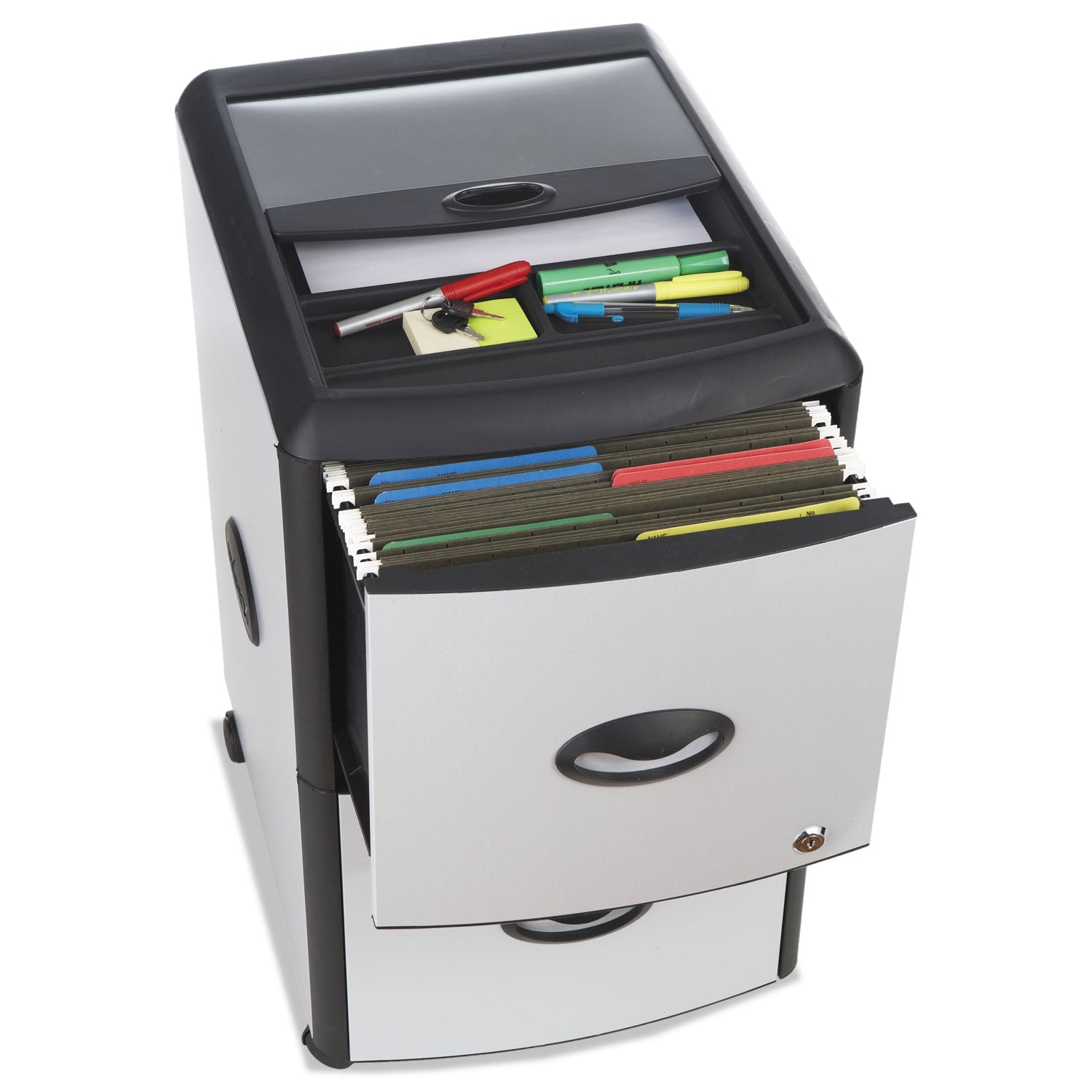 Storex Mobile Filing Cabinet with Metal Siding and Top-Drawer Organizer Tray, 2 Letter File Drawers, Silver/Black, 19" x 15" x 23"