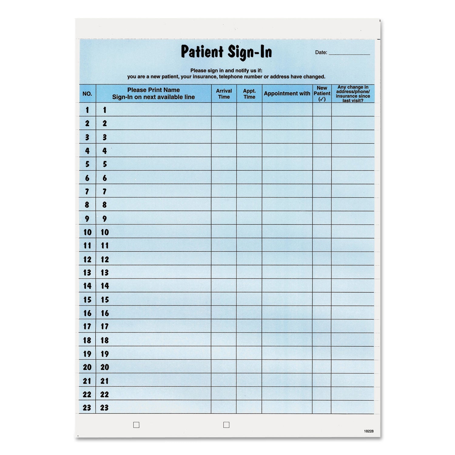 Tabbies Patient Sign-In Label Forms, Two-Part Carbon, 8.5 x 11.63, Blue, 1/Page, 125 Forms