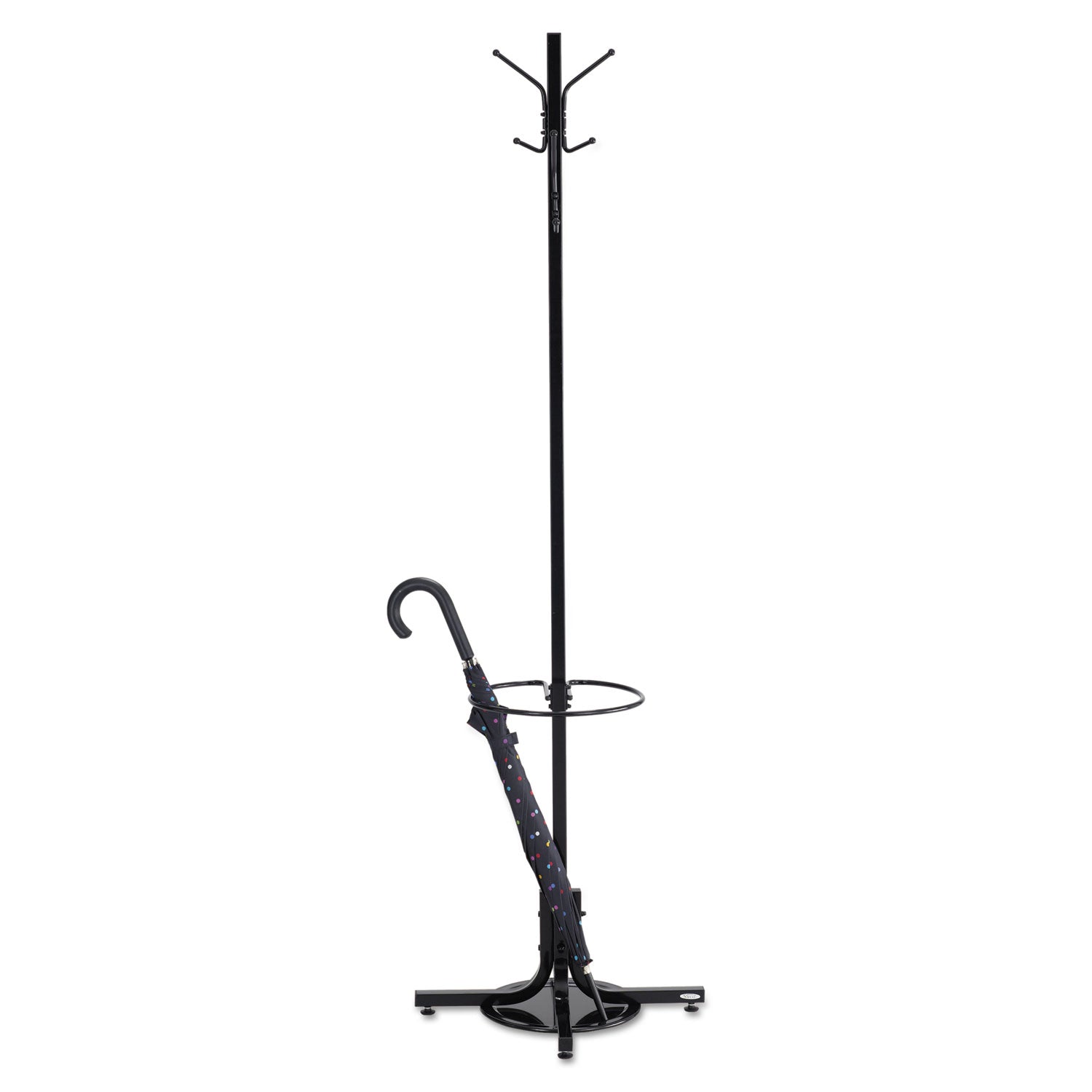 Safco Metal Costumer with Umbrella Holder, Four Ball-Tipped Double-Hooks, 21w x 21d x 70h, Black