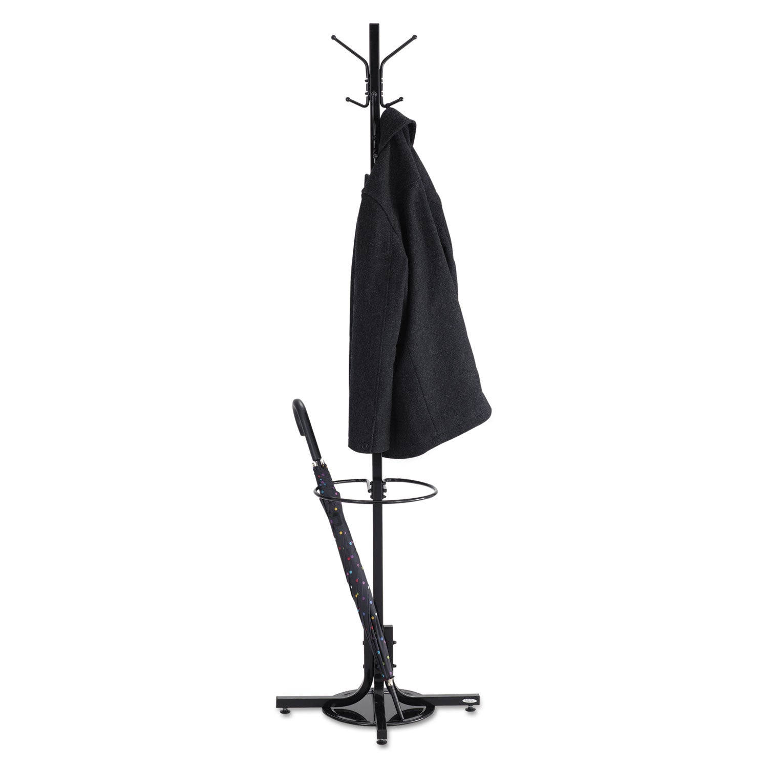 Safco Metal Costumer with Umbrella Holder, Four Ball-Tipped Double-Hooks, 21w x 21d x 70h, Black