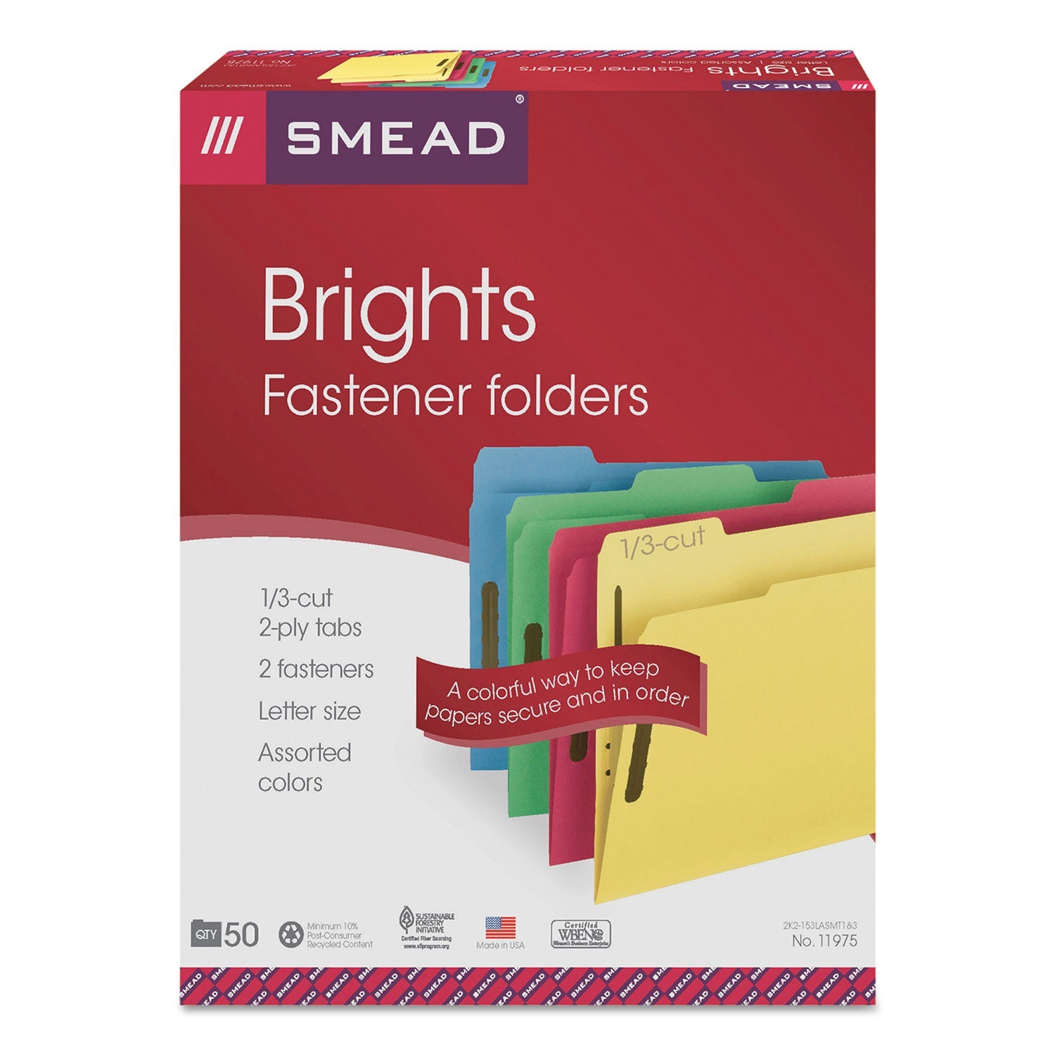 Smead Top Tab Colored Fastener Folders, 2 Fasteners, Letter Size, Assorted Exterior, 50/Box