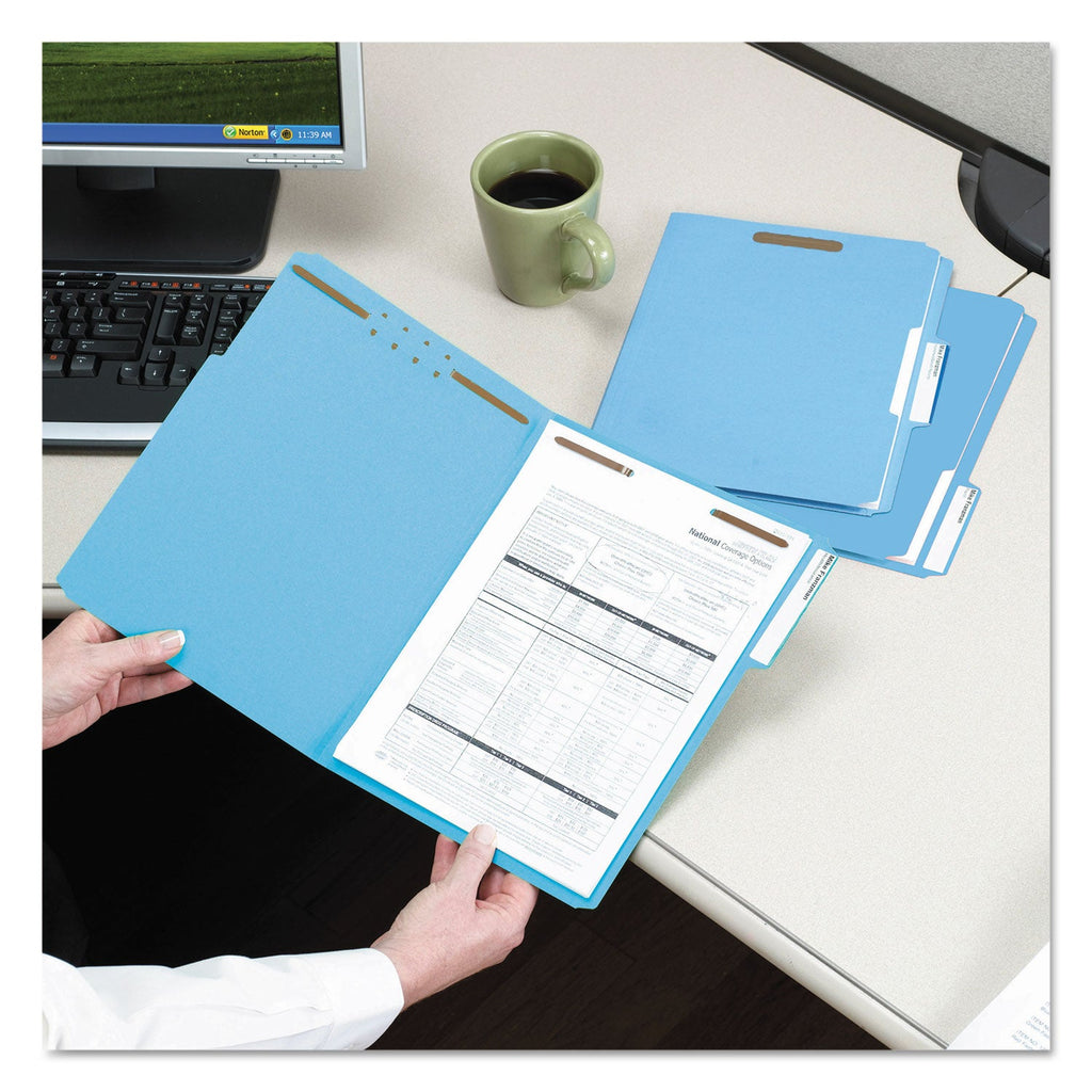 Smead WaterShed CutLess Reinforced Top Tab Fastener Folders, 2 Fasteners, Letter Size, Blue Exterior, 50/Box