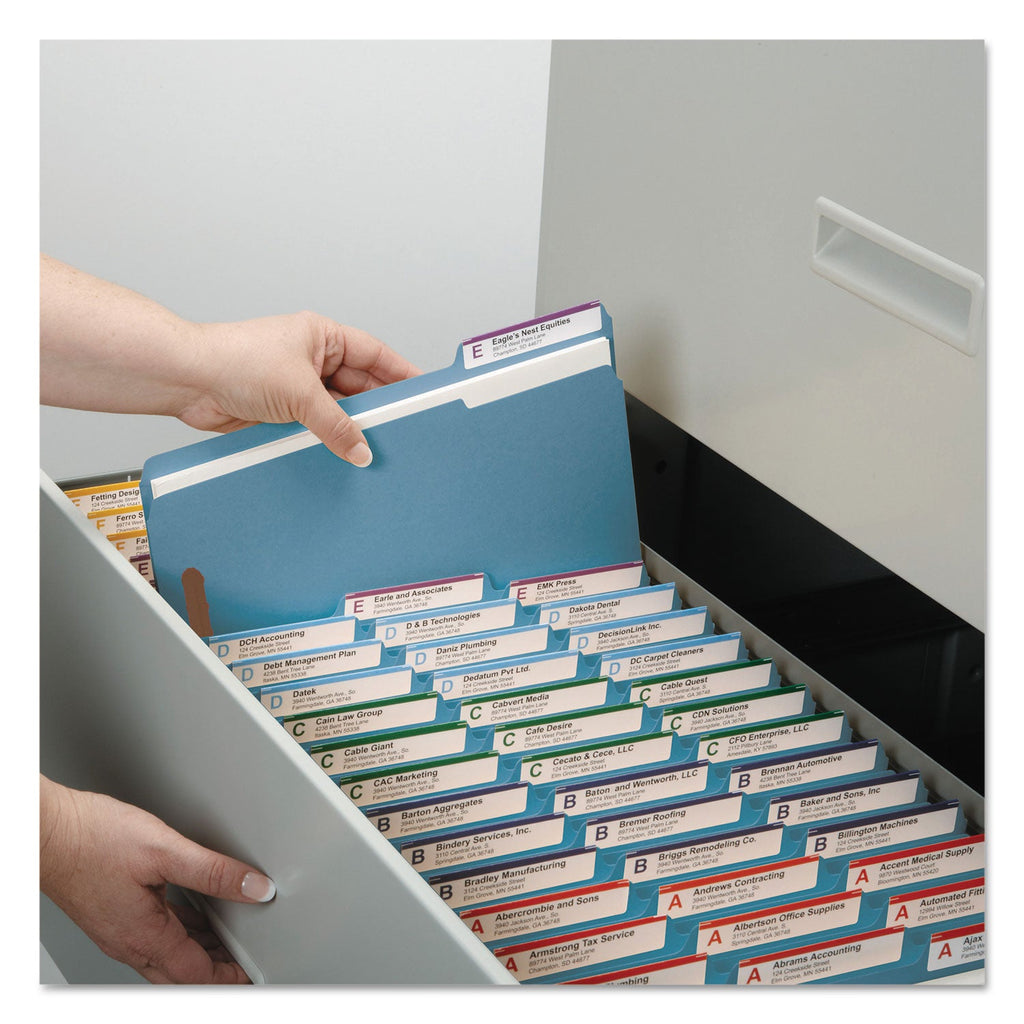 Smead WaterShed CutLess Reinforced Top Tab Fastener Folders, 2 Fasteners, Letter Size, Blue Exterior, 50/Box