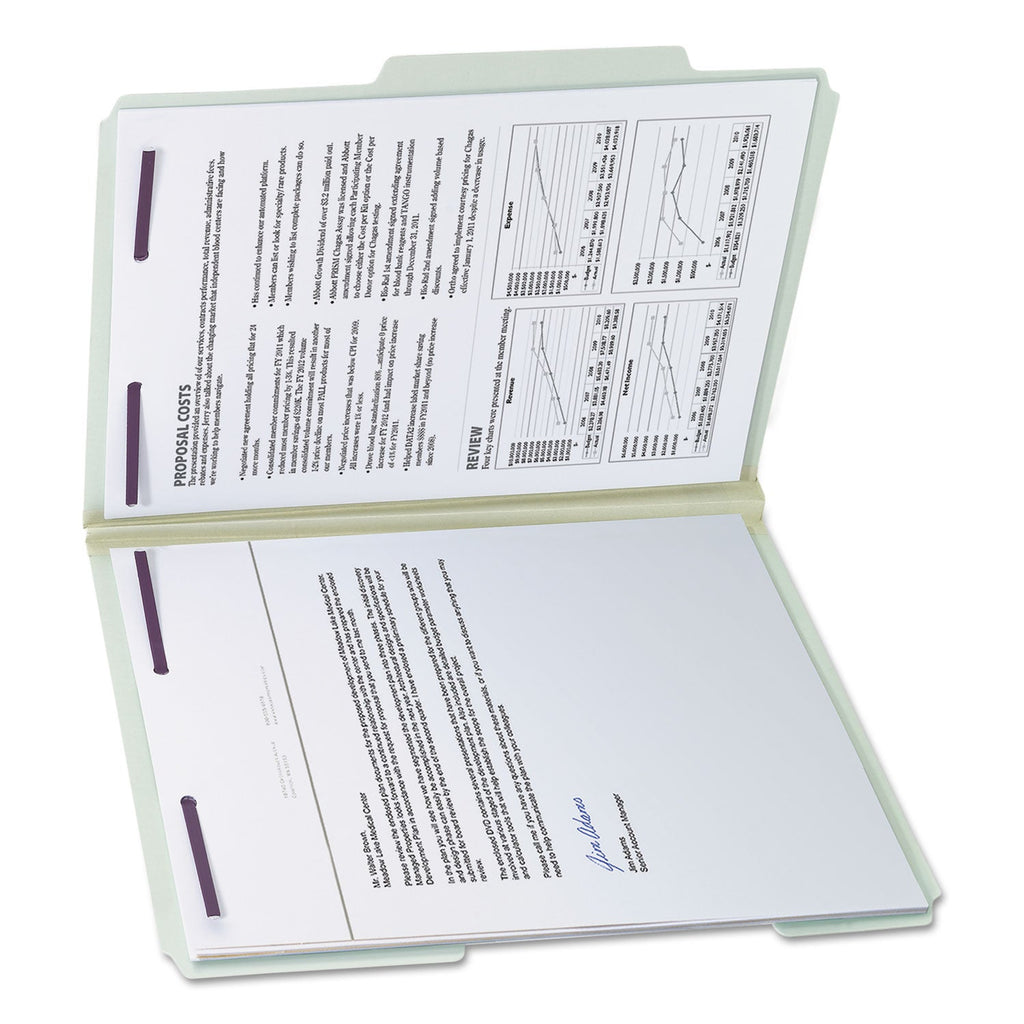 Smead Recycled Pressboard Folders with Two SafeSHIELD Coated Fasteners, 2" Expansion, 2/5-Cut: R of C, Letter, Gray-Green, 25/Box