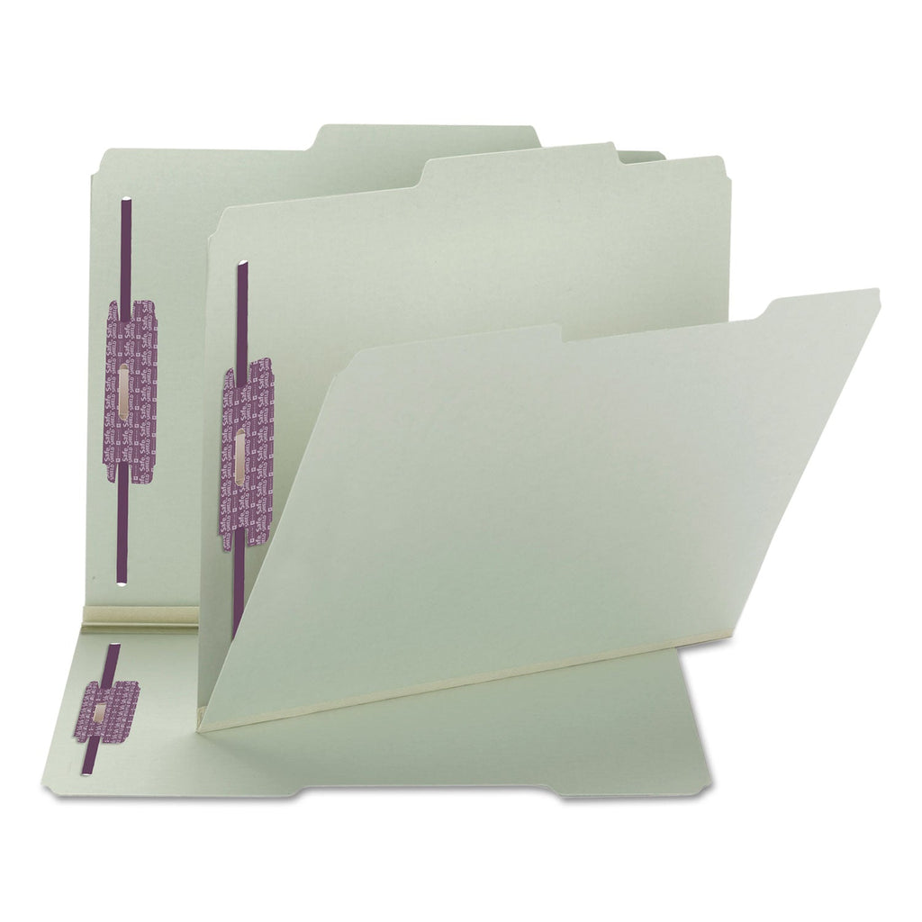 Smead Recycled Pressboard Folders with Two SafeSHIELD Coated Fasteners, 2" Expansion, 2/5-Cut: R of C, Letter, Gray-Green, 25/Box