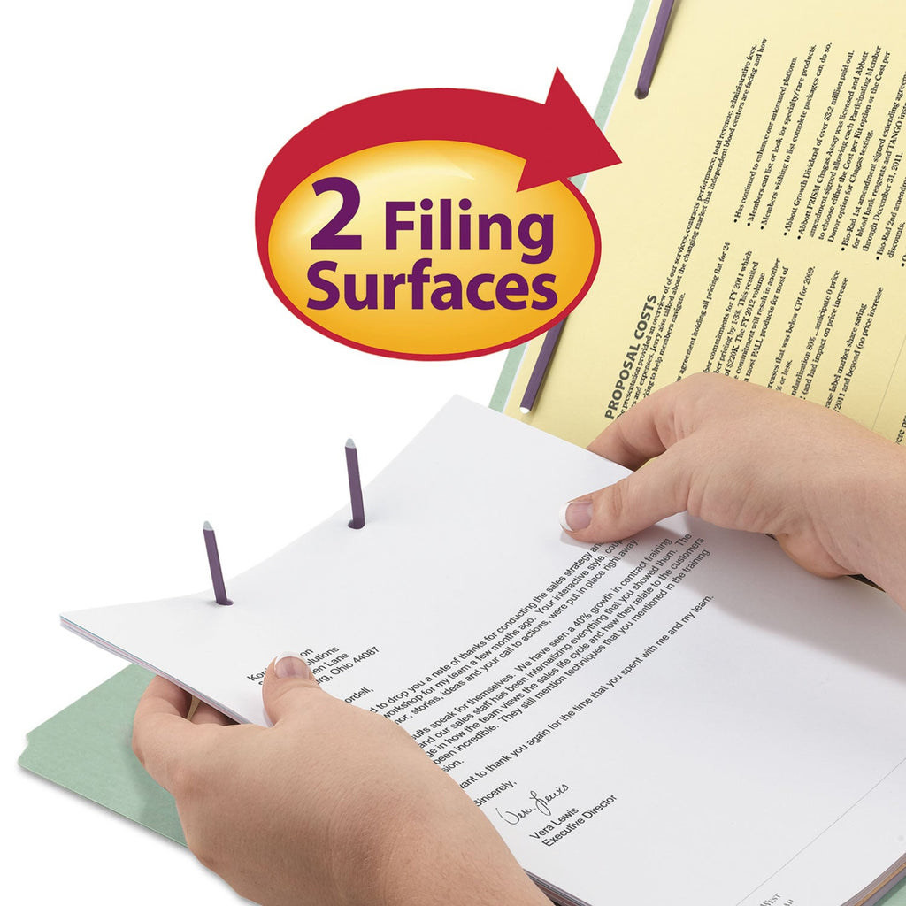 Smead Recycled Pressboard Folders with Two SafeSHIELD Coated Fasteners, 2" Expansion, 2/5-Cut: R of C, Letter, Gray-Green, 25/Box