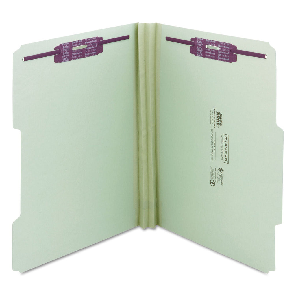 Smead Recycled Pressboard Folders with Two SafeSHIELD Coated Fasteners, 2" Expansion, 2/5-Cut: R of C, Letter, Gray-Green, 25/Box