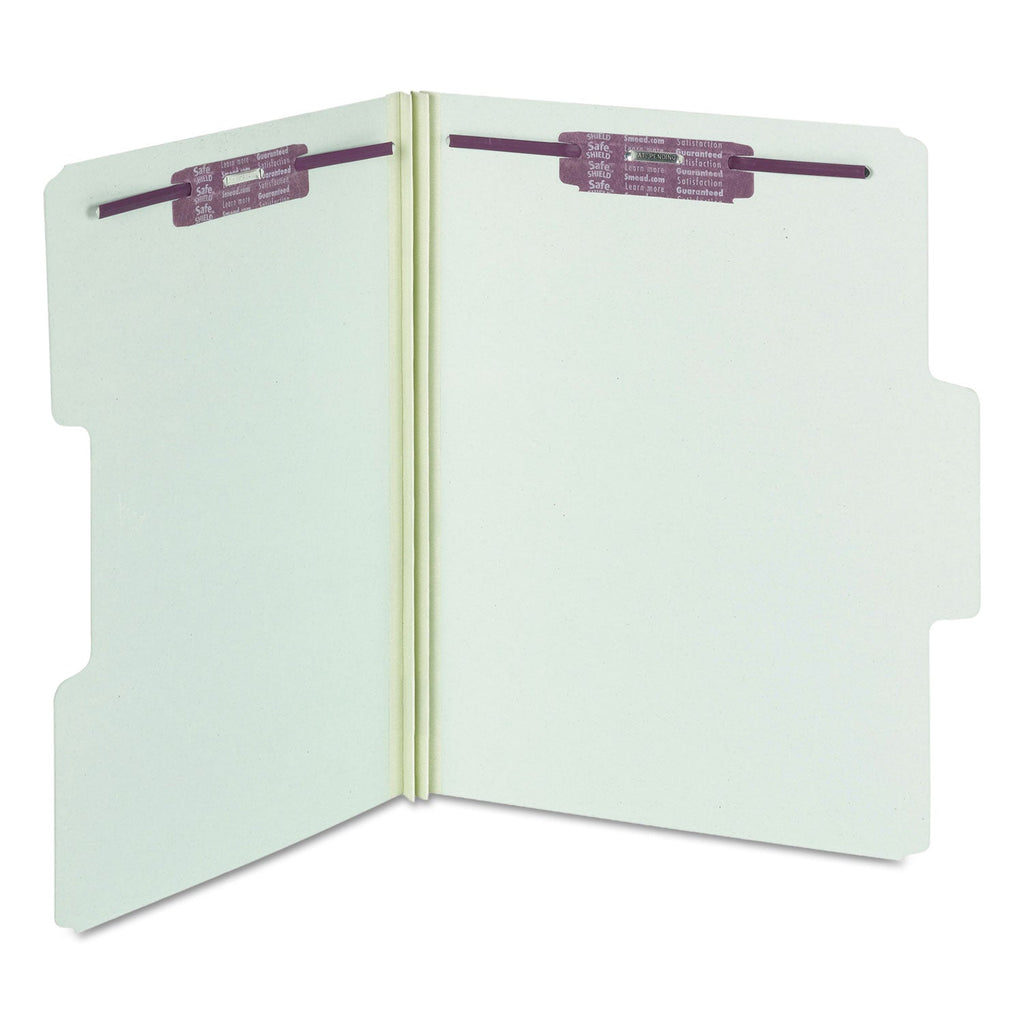 Smead SuperTab Pressboard Fastener Folders with SafeSHIELD Coated Fasteners, 2 Fasteners, Letter Size, Gray-Green Exterior, 25/Box