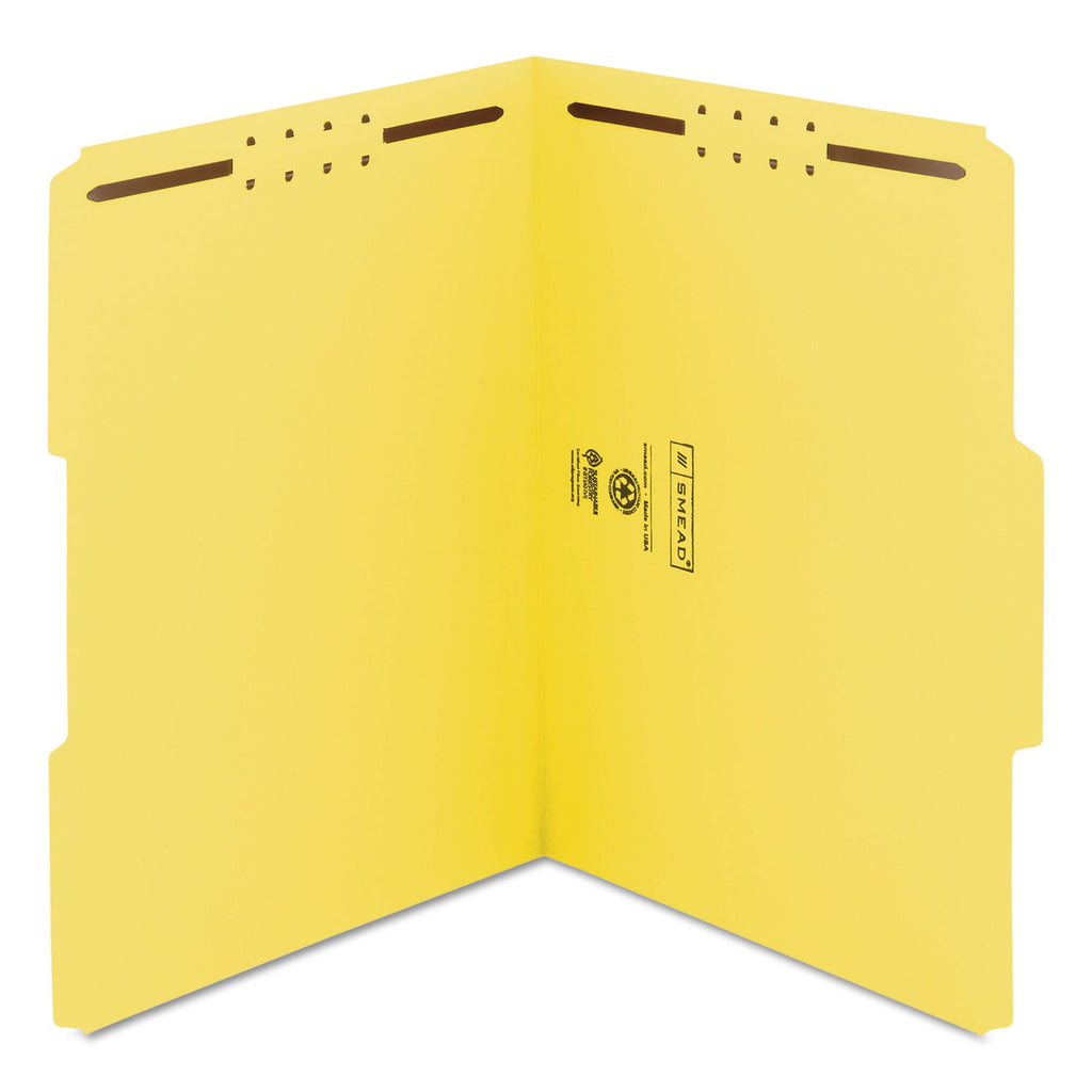Smead WaterShed CutLess Reinforced Top Tab Fastener Folders, 2 Fasteners, Letter Size, Yellow Exterior, 50/Box