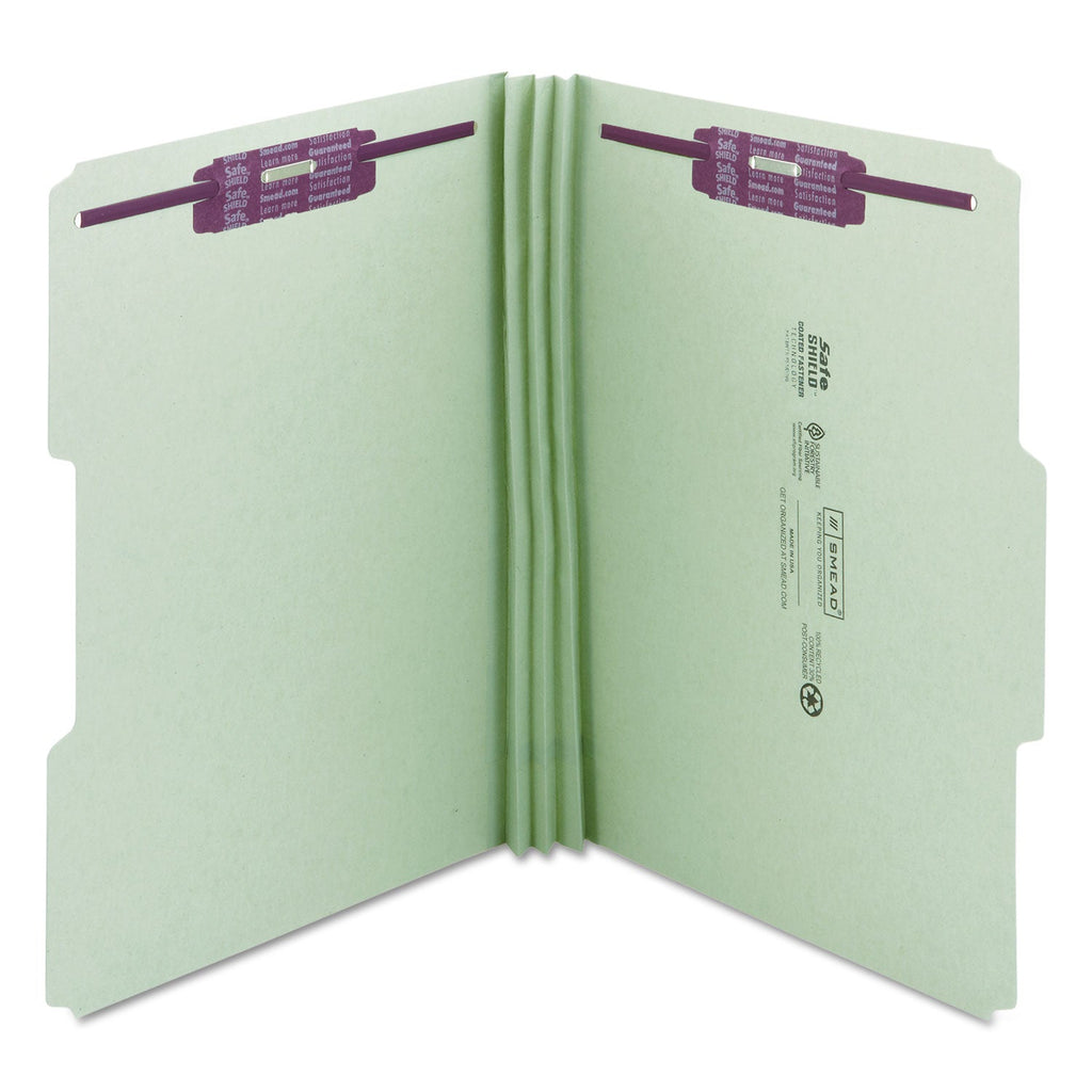 Smead Recycled Pressboard Folders with Two SafeSHIELD Coated Fasteners, 3" Expansion, 1/3-Cut Tabs, Legal Size, Gray-Green, 25/Box